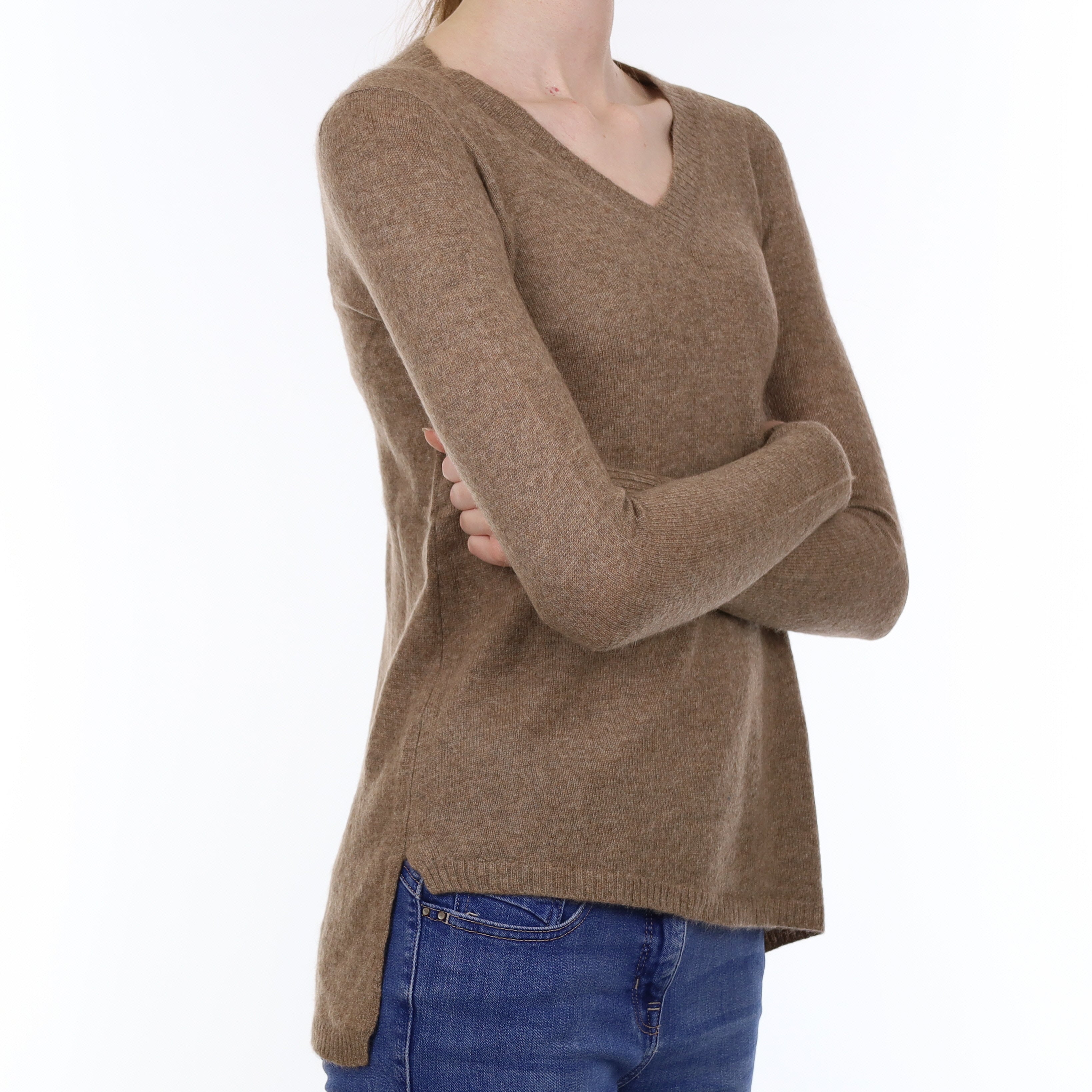 Taupe Brown Asymmetric Hem Cashmere V Neck Jumper Extra Small