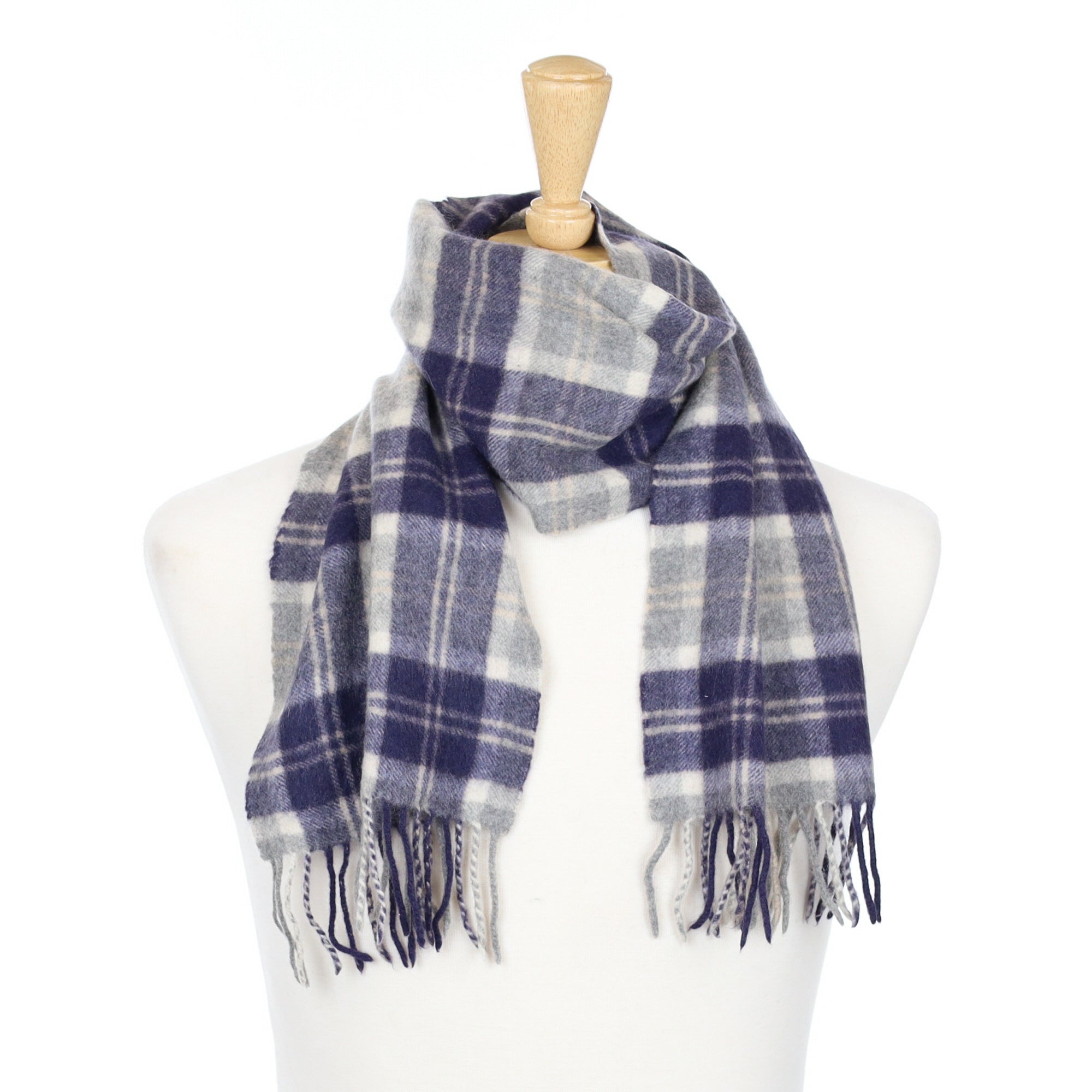 Navy and Smoke Grey Checked Cashmere Fringed Woven Scarf