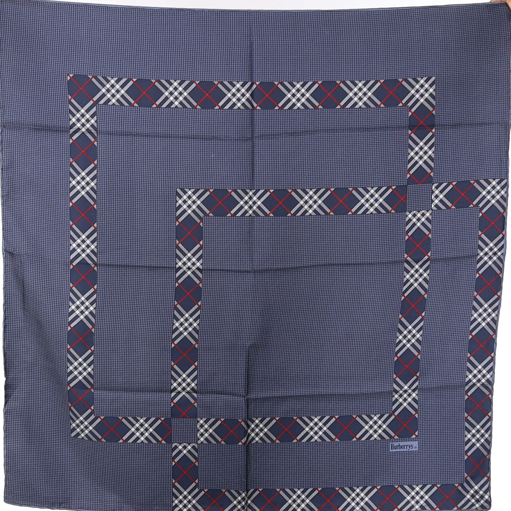 Brand New Burberrys Dark Blue Check Vintage Silk Scarf
