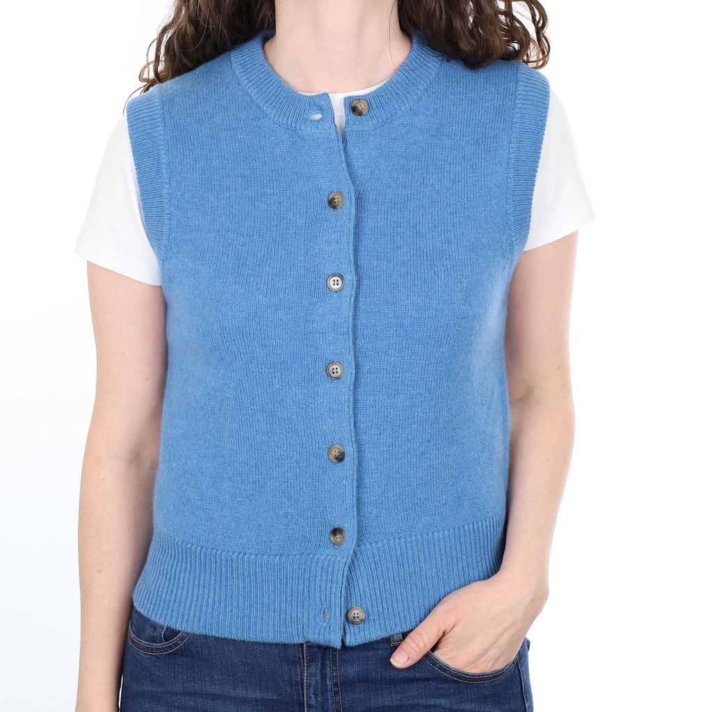 Brand New Mediterranean Blue Luxury Cashmere Crew Neck Waistcoat Small UK 8-10