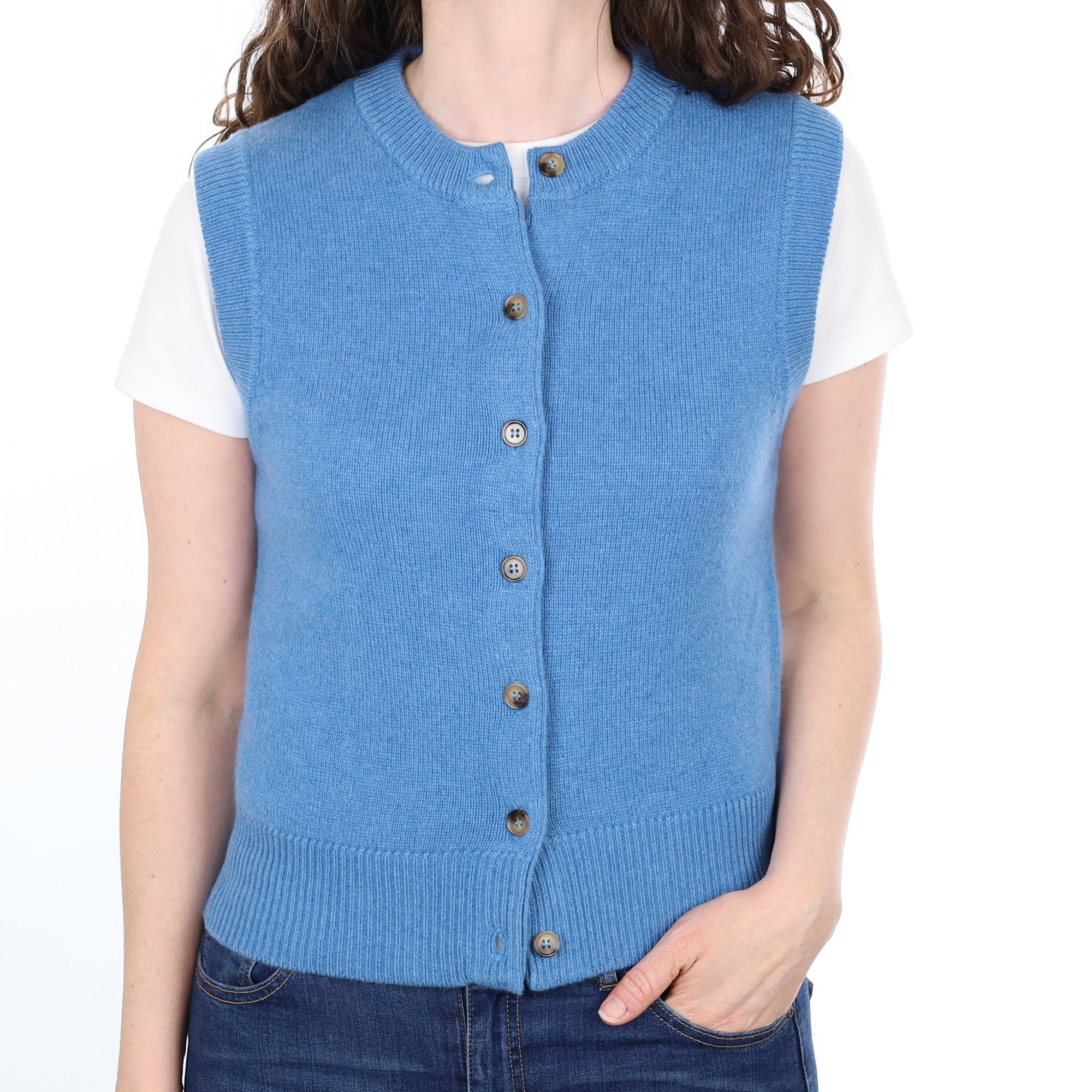 Brand New Mediterranean Blue Luxury Cashmere Crew Neck Waistcoat Small UK 8-10