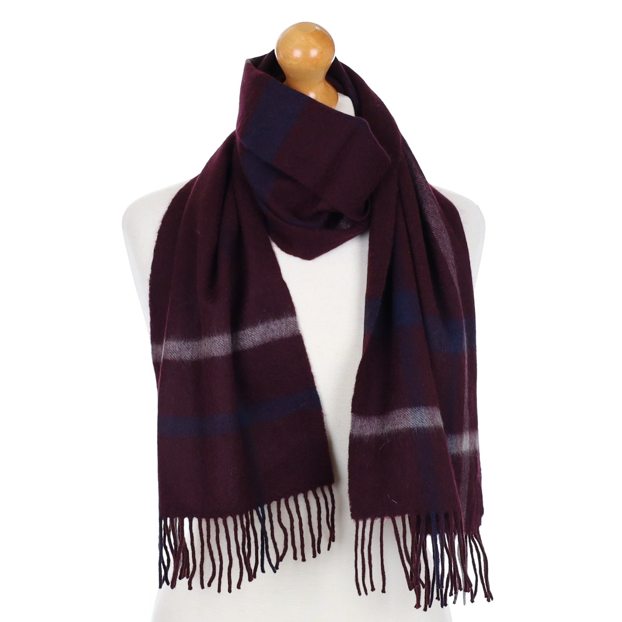 Aubergine Checked Fringed Cashmere Woven Scarf