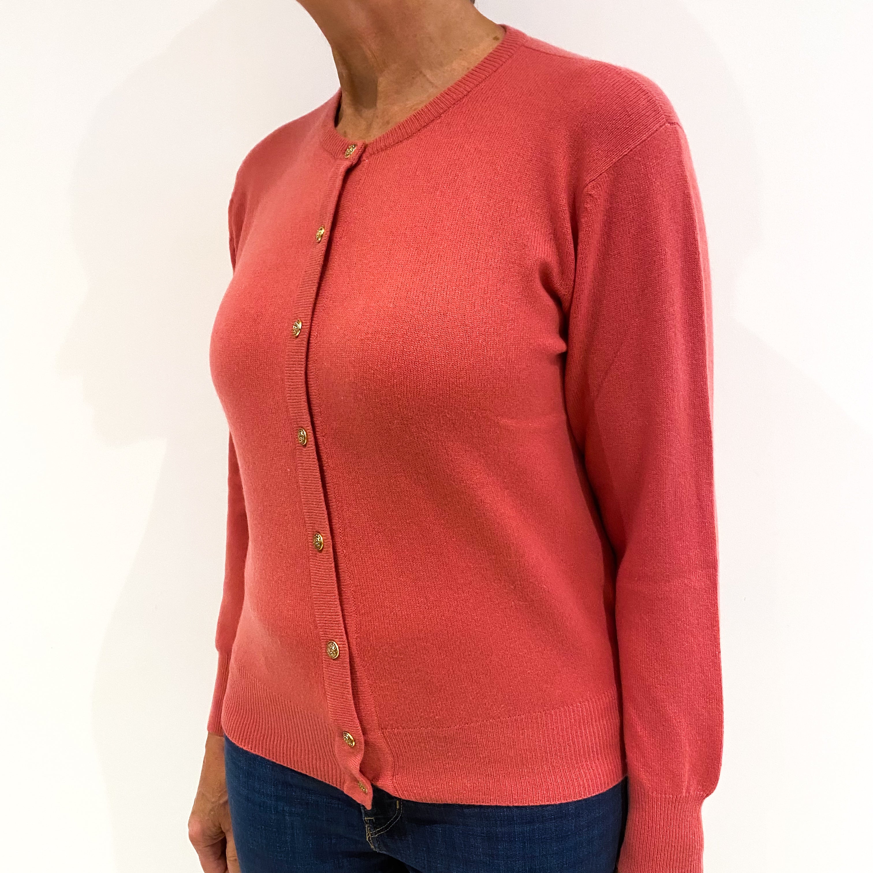 Old Rose Pink Cashmere Crew Neck Cardigan Medium