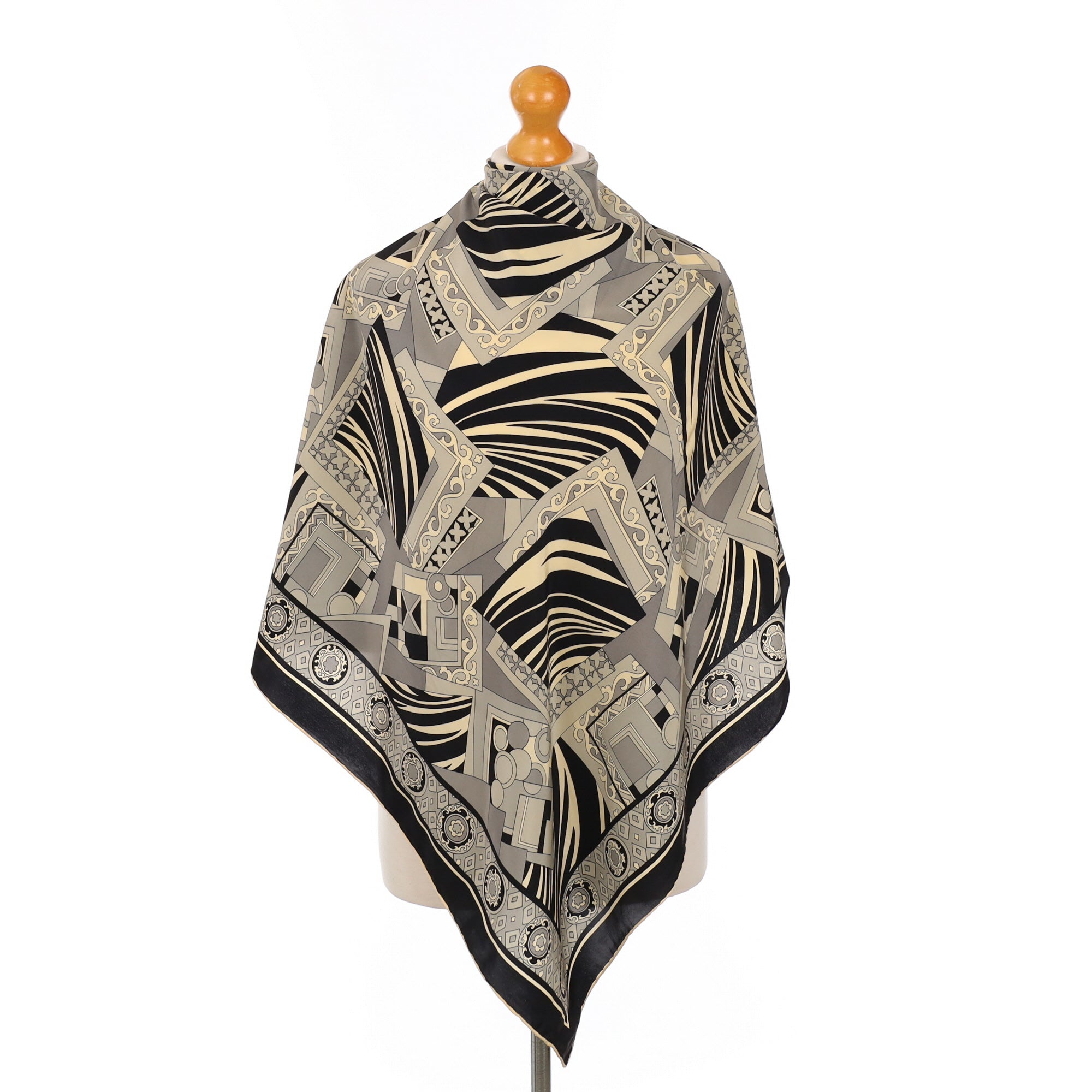 Abstract Black Grey & Cream Vintage Silk Scarf