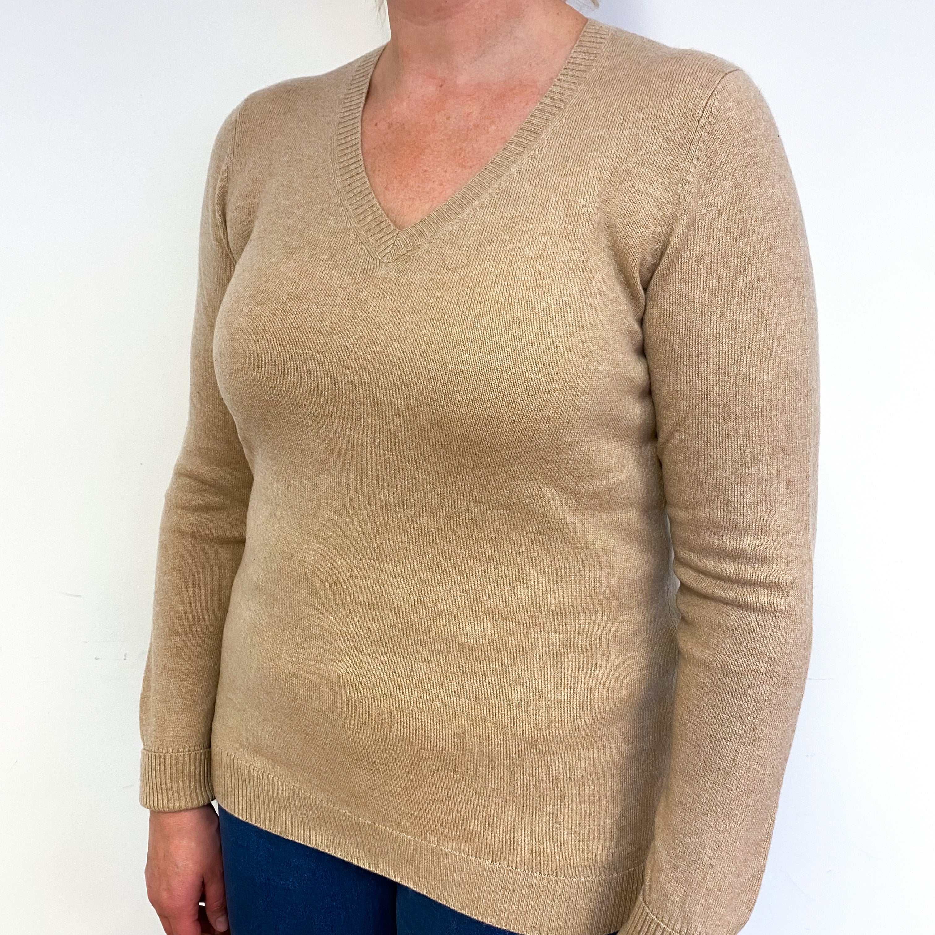 Soft Caramel Brown Cashmere V-Neck Jumper Large