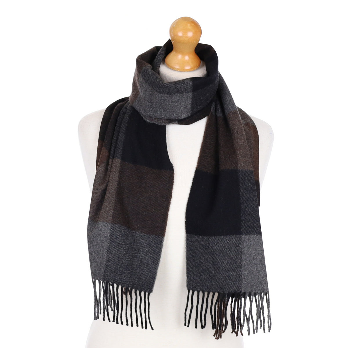 Peppercorn and Black Checked Cashmere Fringed Woven Scarf
