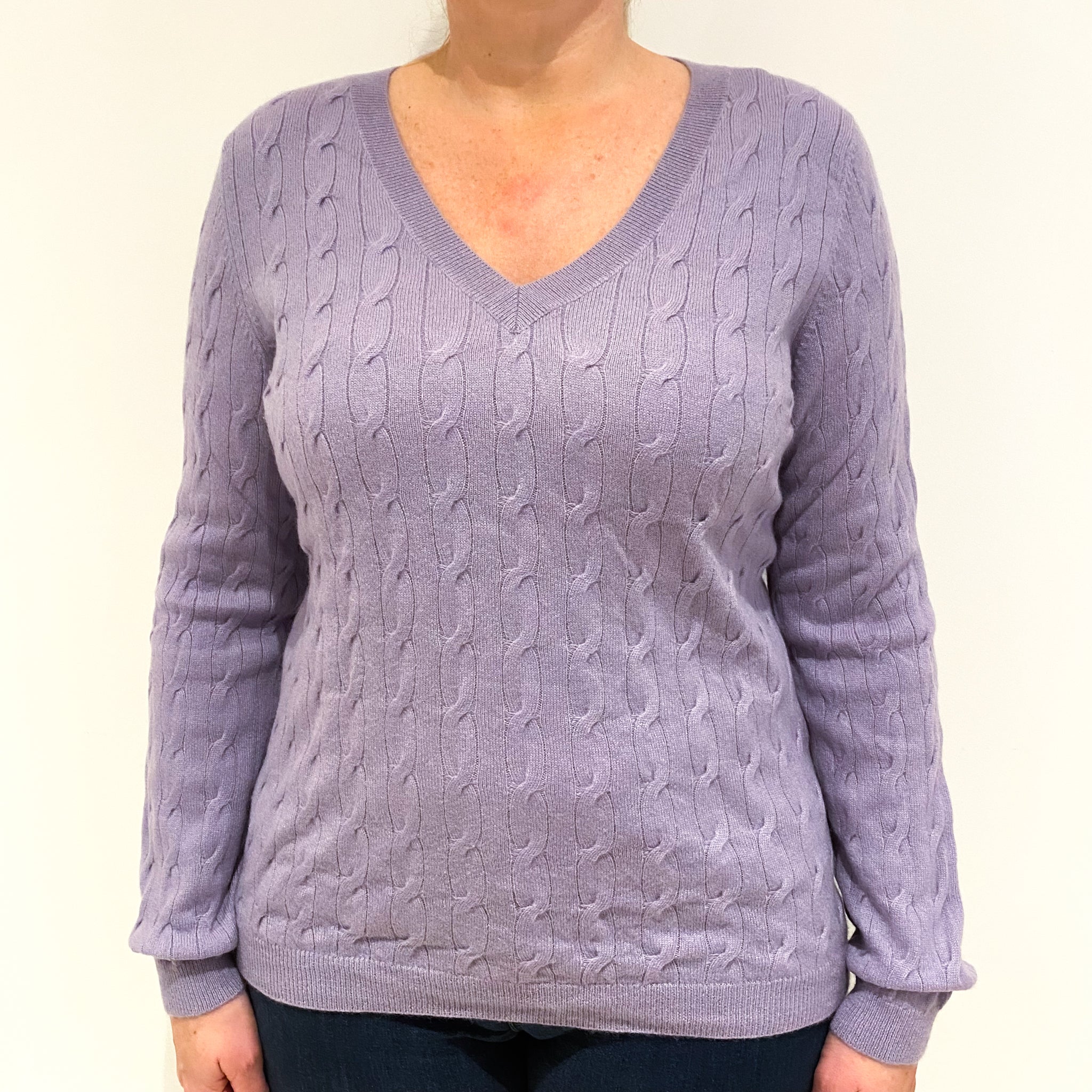 Lavender Purple Cable Cashmere V-Neck Jumper Large