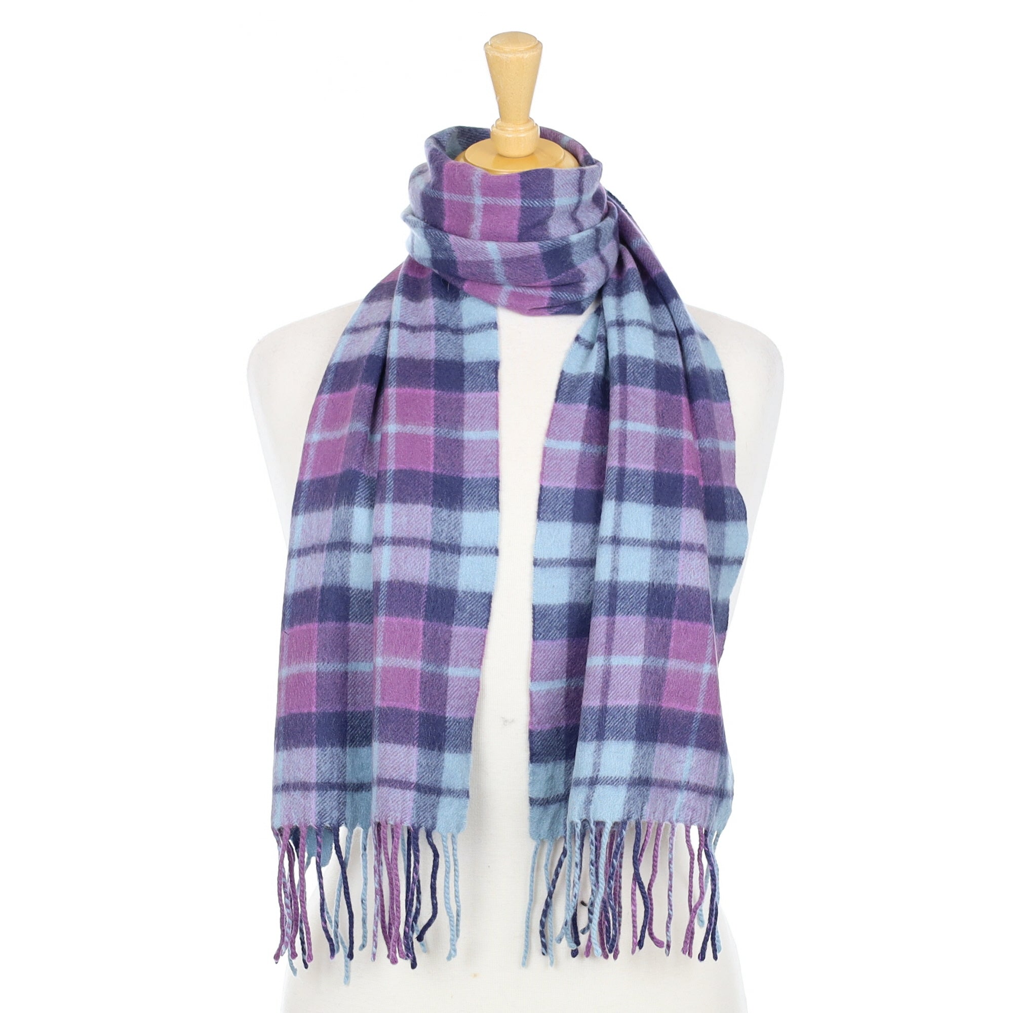 Blue and Mauve Check Woven Cashmere Scarf