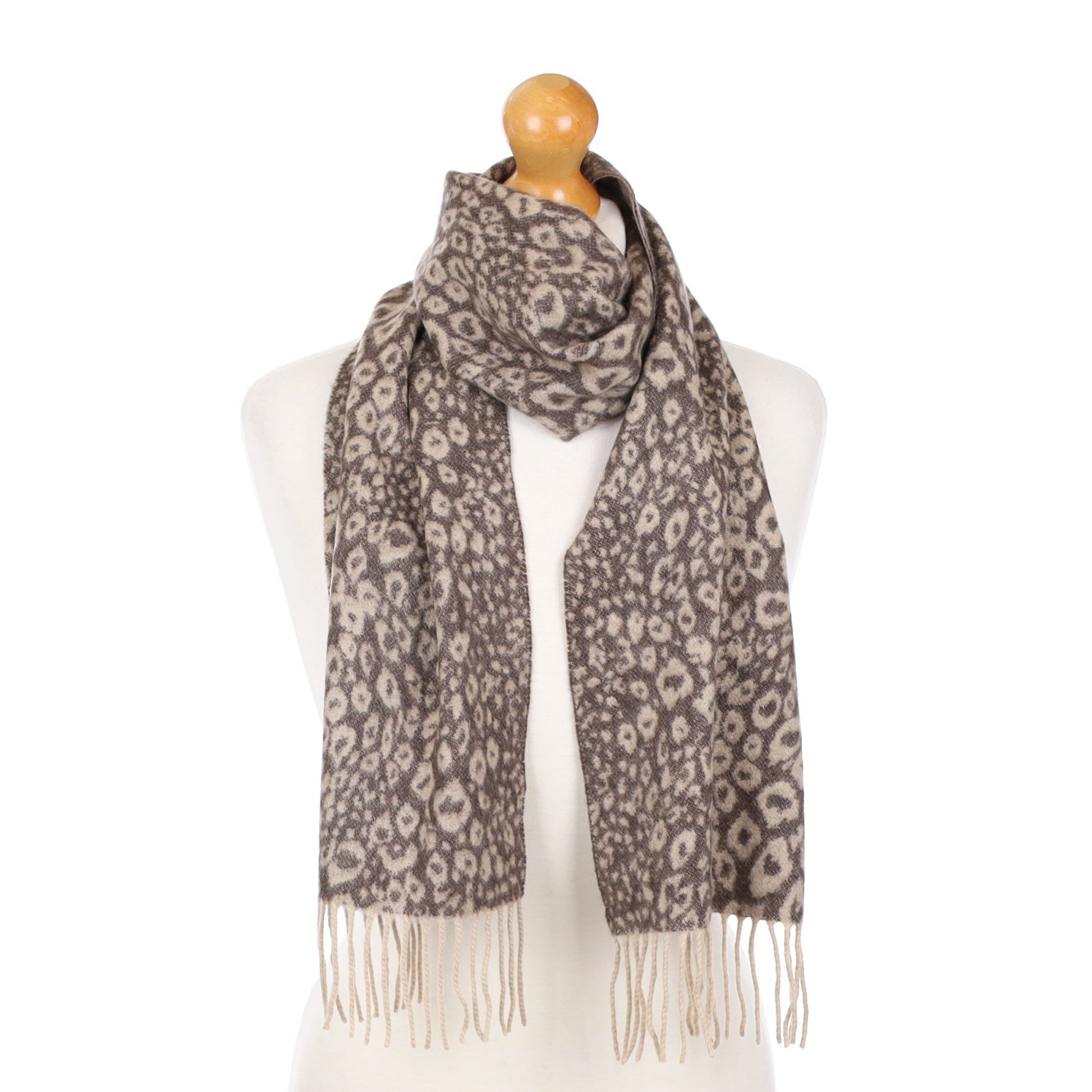 Mocha Animal Print Fringed Cashmere Woven Scarf