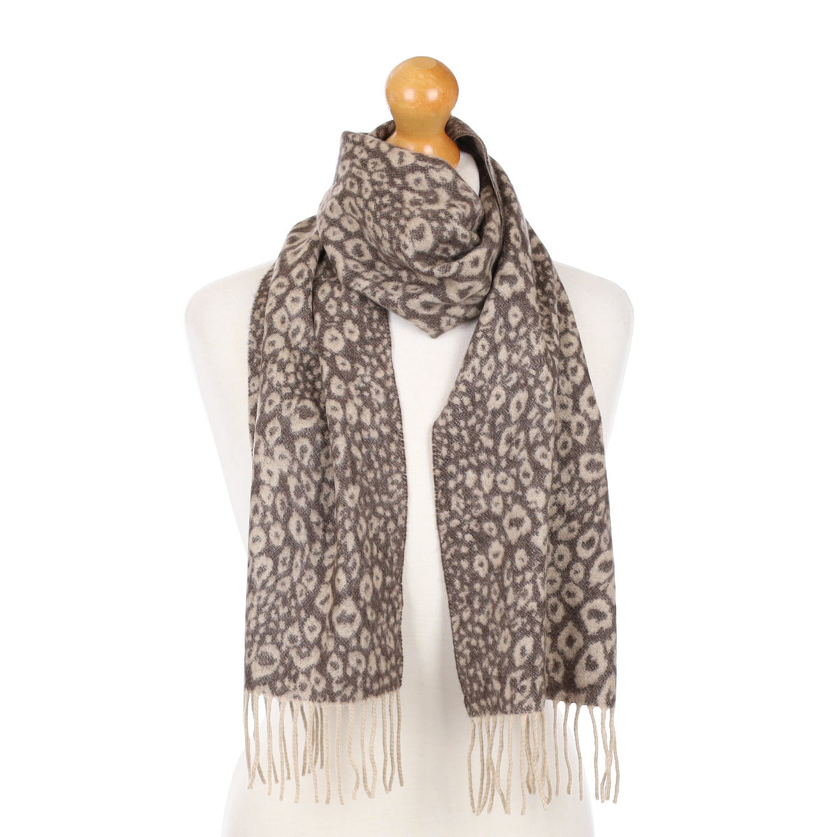 Mocha Animal Print Fringed Cashmere Woven Scarf