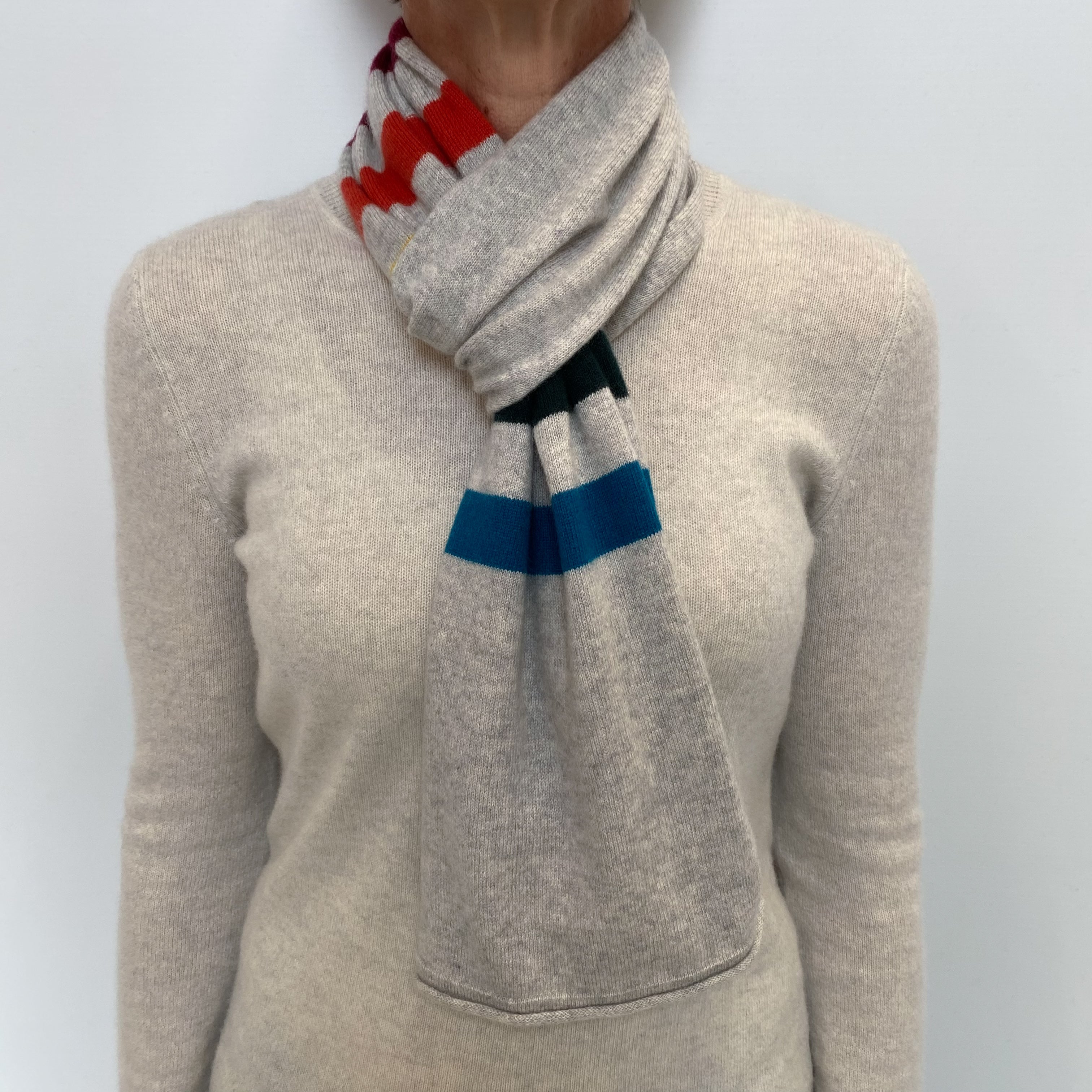 Smoke Grey Colourful Stripe Cashmere Scarf