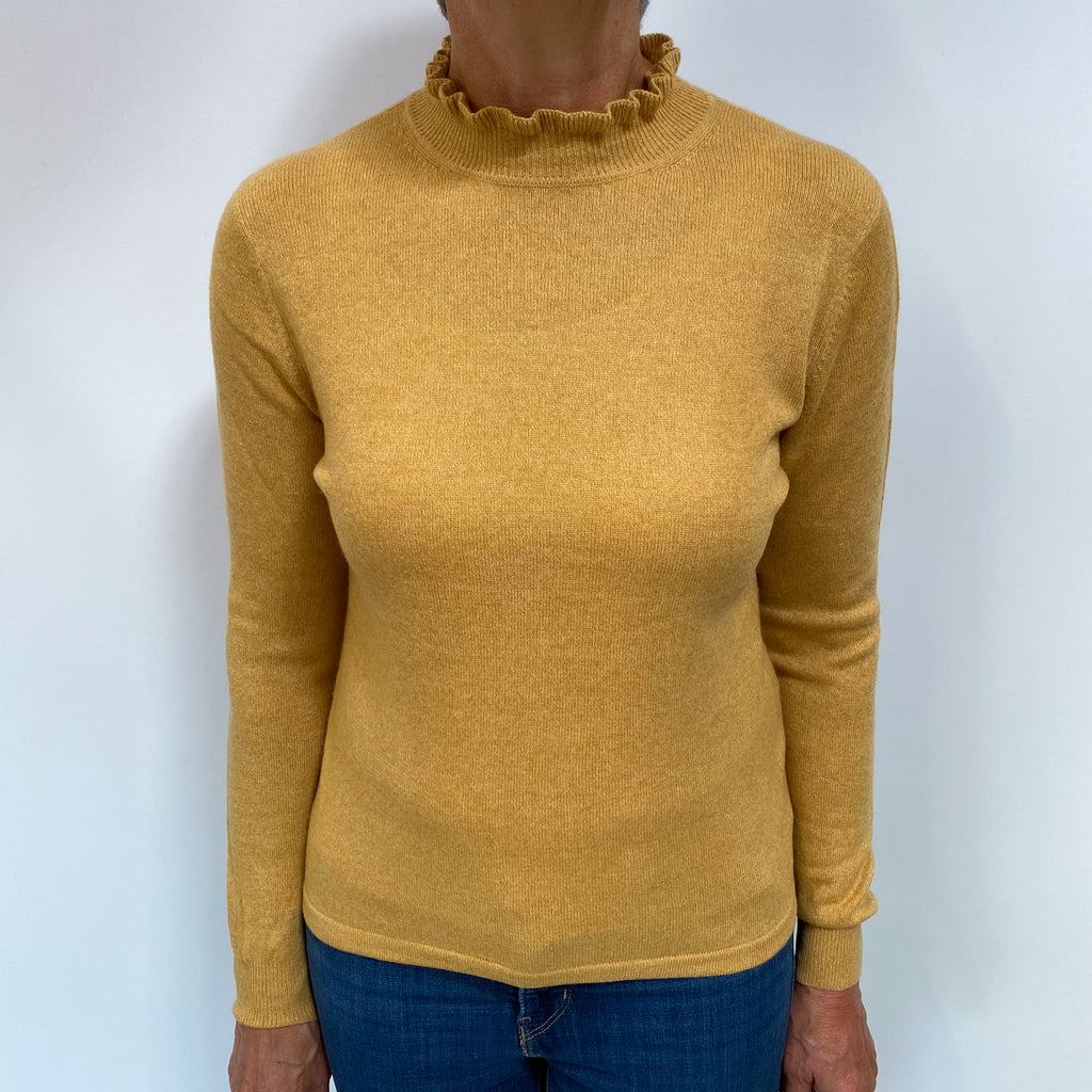 Flaxen Yellow Cashmere Ruffle Turtle Neck Jumper Medium