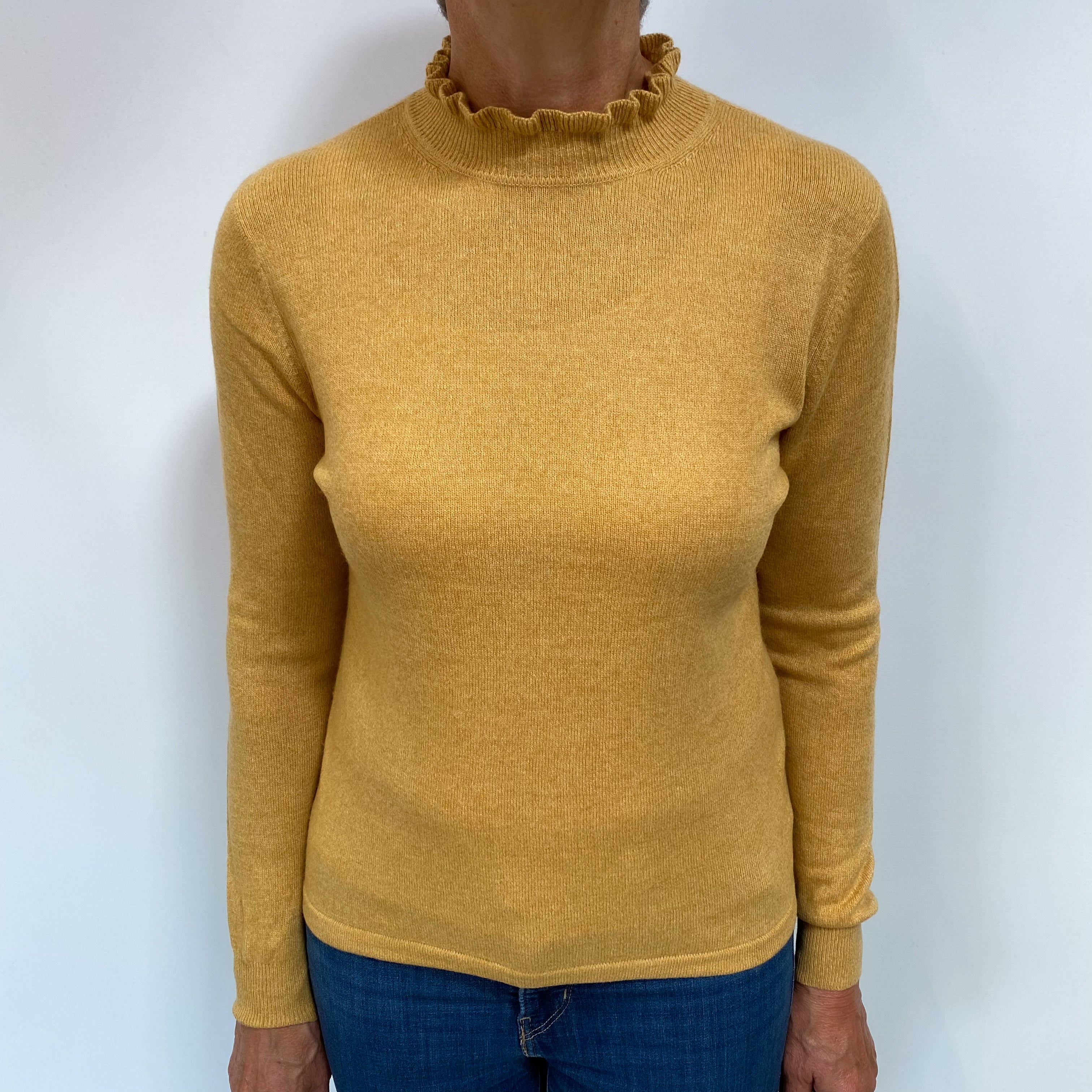 Flaxen Yellow Cashmere Ruffle Turtle Neck Jumper Medium