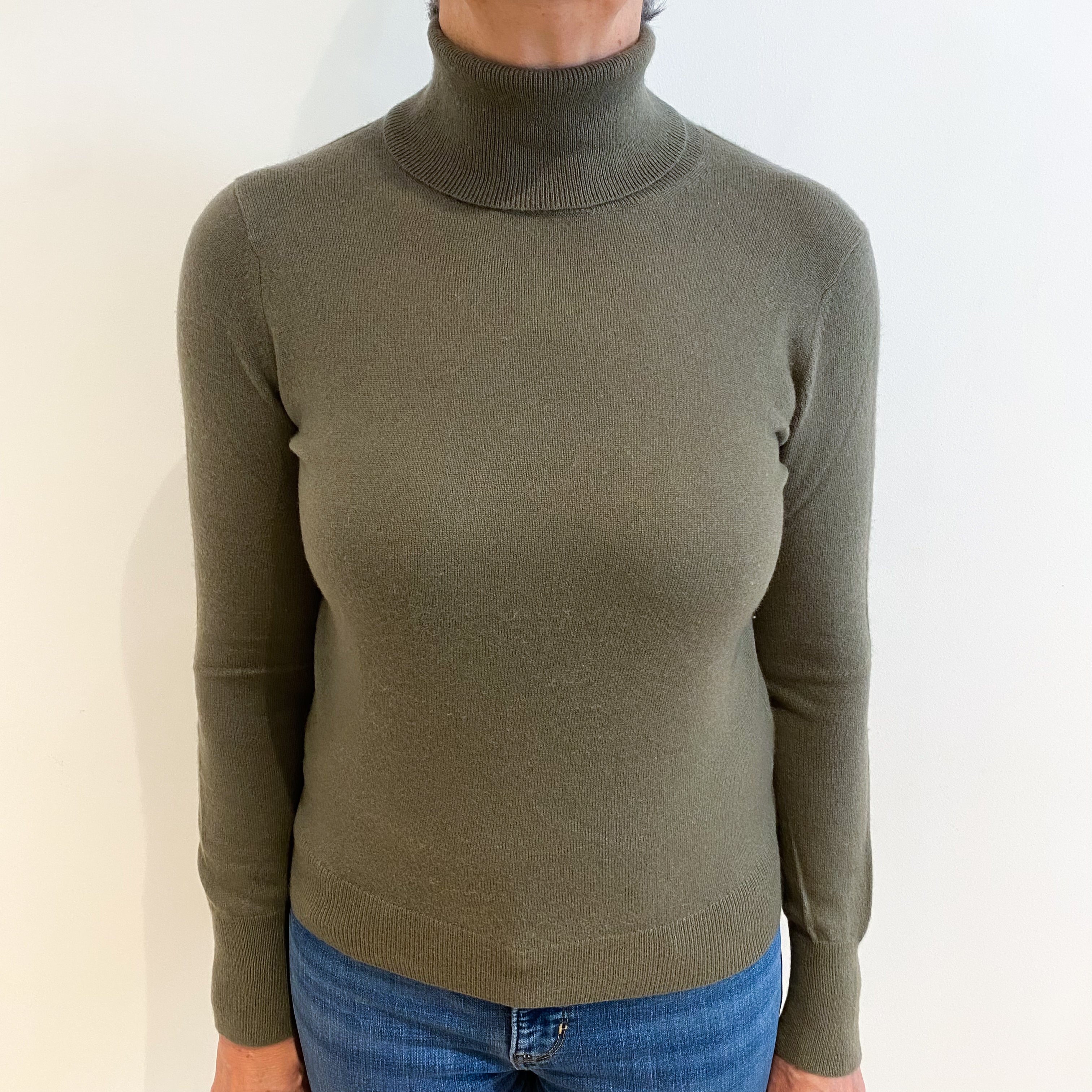 Olive Green Cashmere Polo Neck Jumper Medium