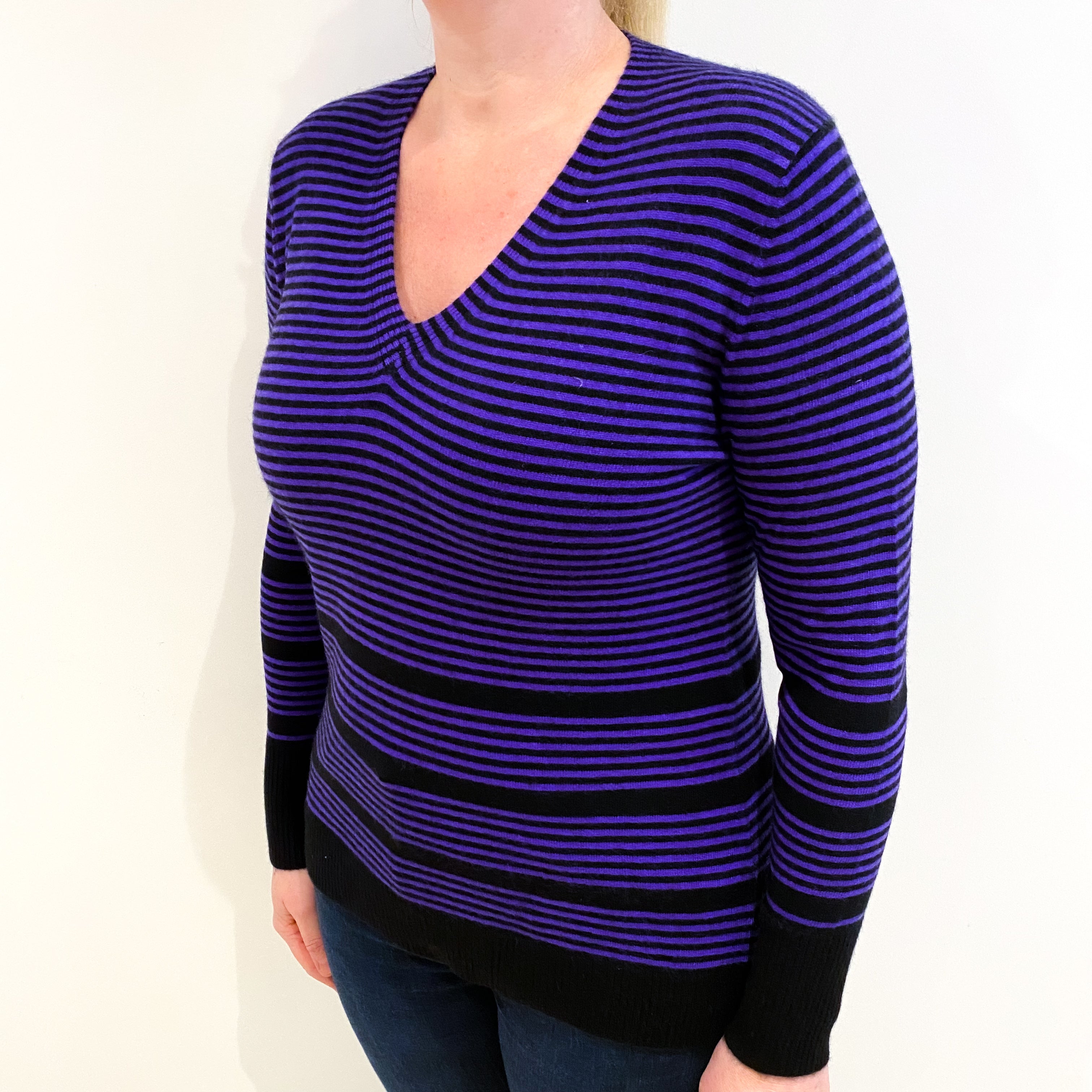 Jaeger Purple Black Stripe Cashmere V Neck Jumper Large