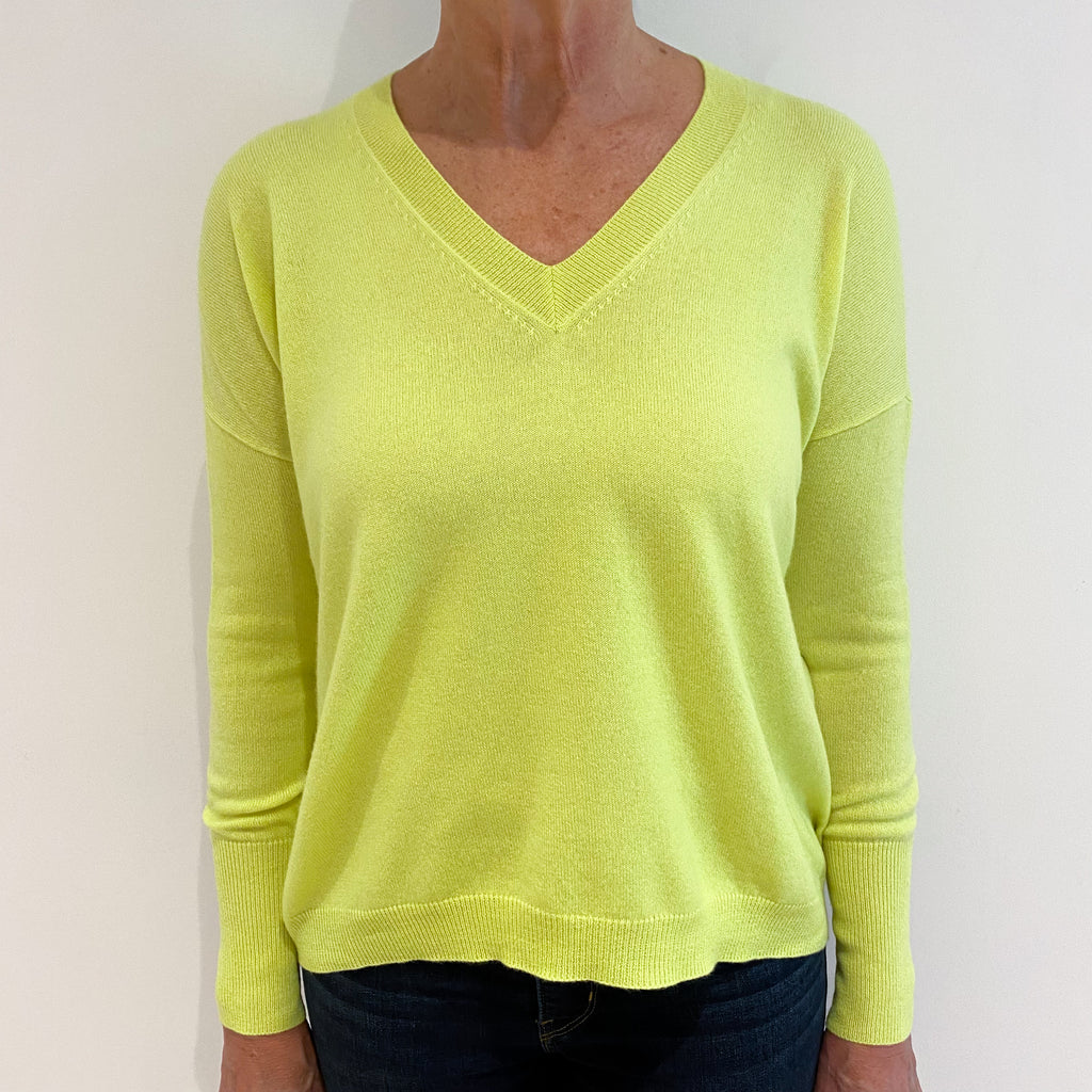 Neon Chartreuse Yellow Cashmere V-Neck Jumper Medium