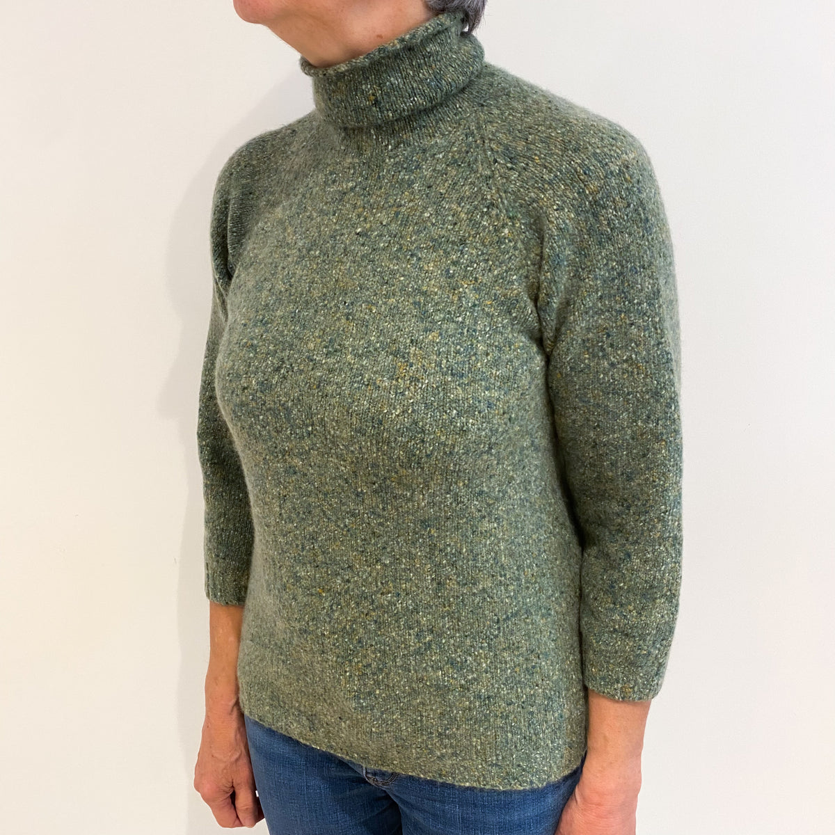 Green Marl Chunky Cashmere Funnel Neck Jumper Medium