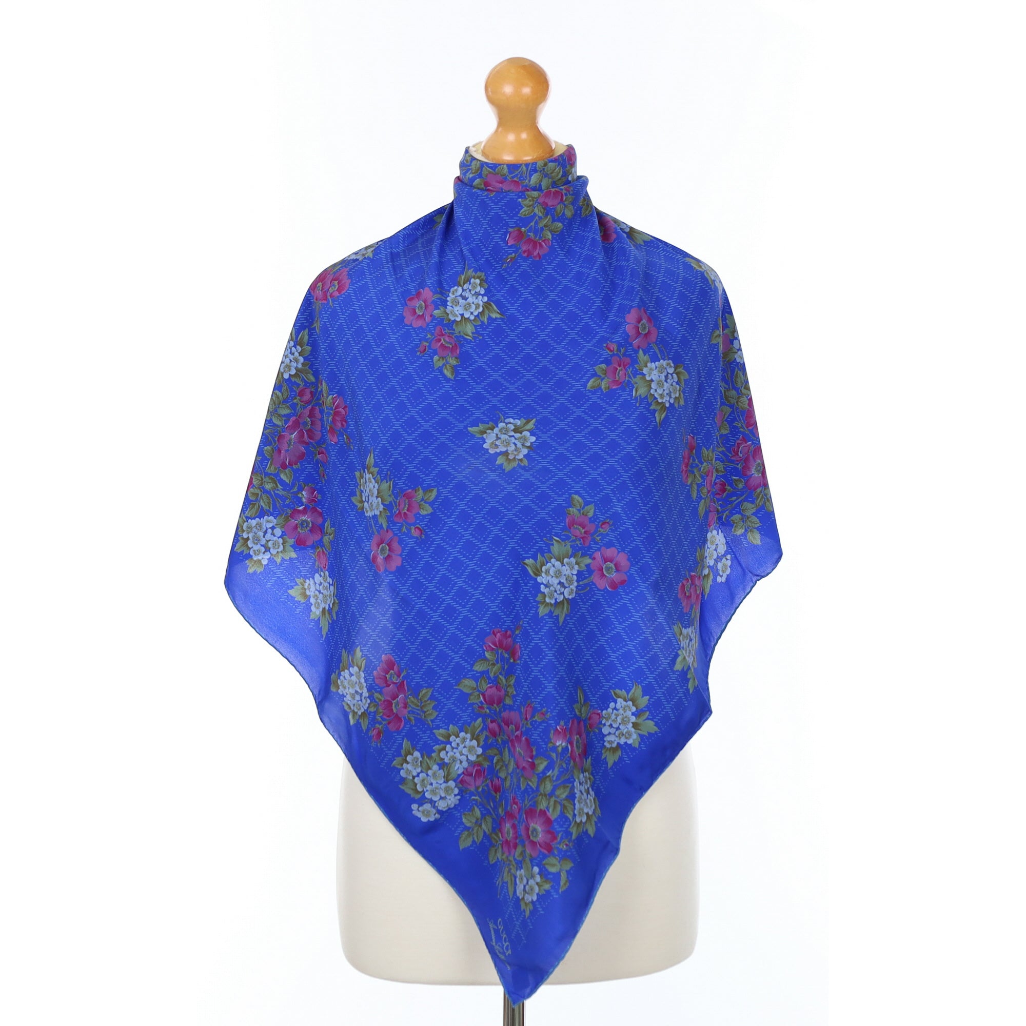 Gucci Royal Blue Floral Vintage Silk Scarf