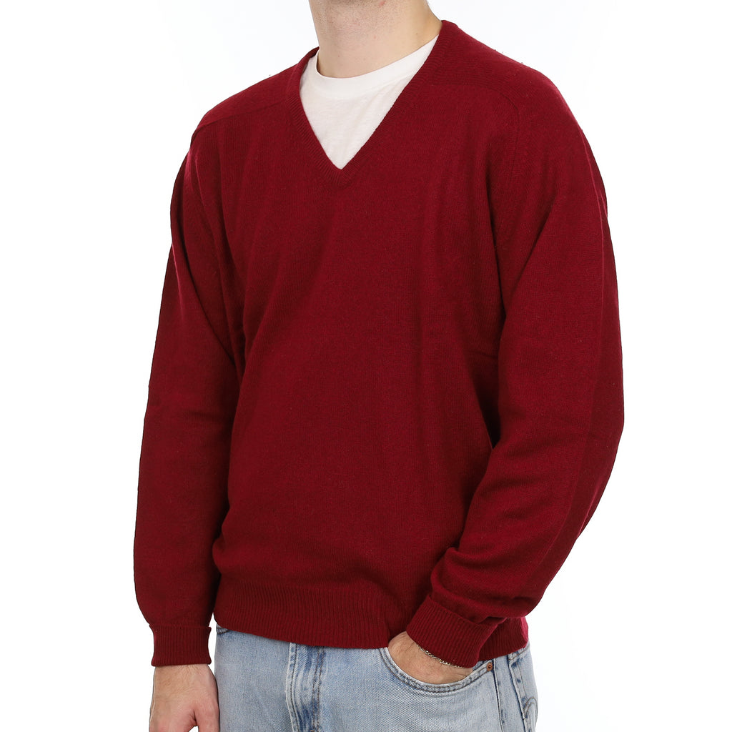 Men's Garnet Red Cashmere V Neck Jumper Large