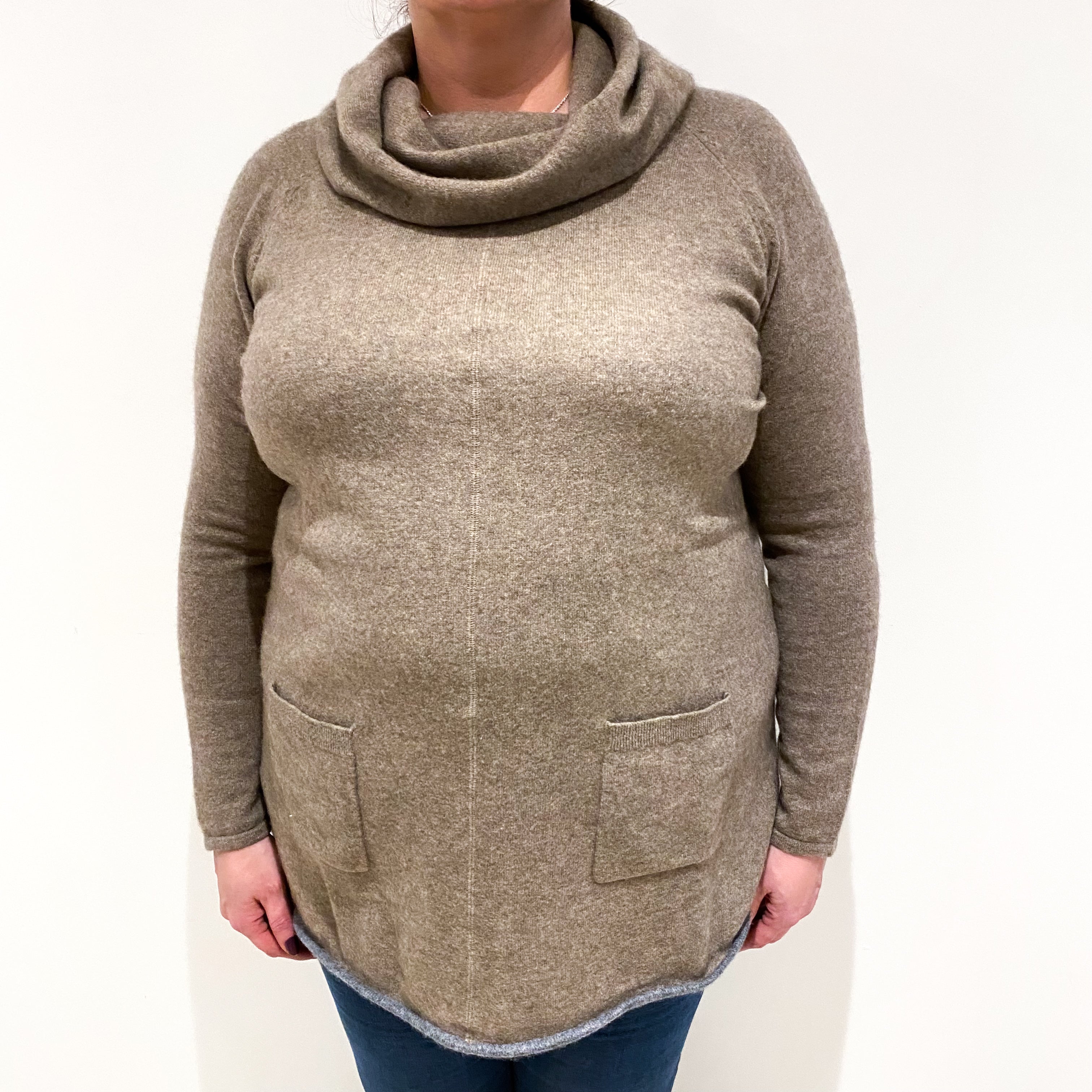 Taupe Brown Cowl Neck Jumper With Pockets Extra Large