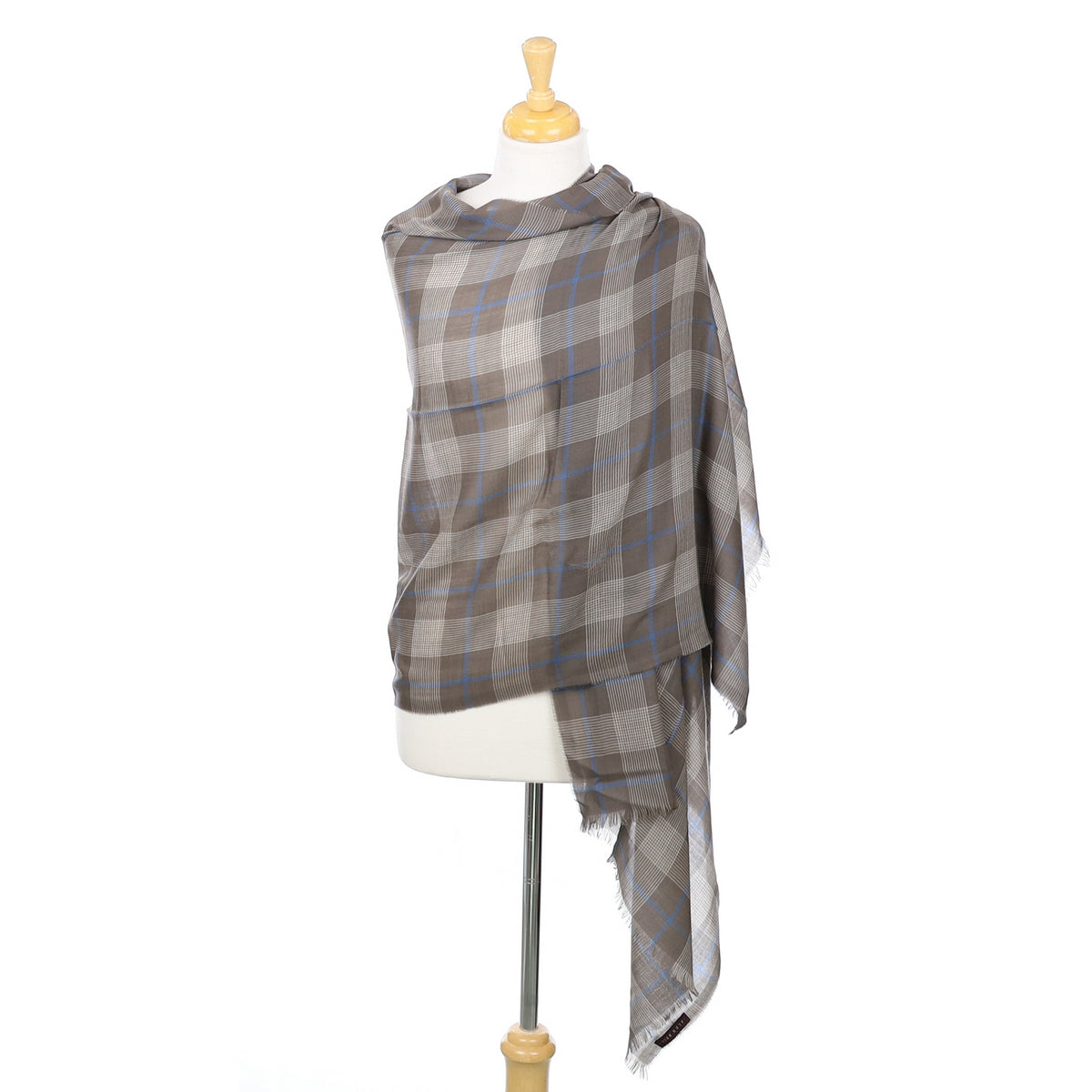 Scottish Begg & Co Mocha and Blue Checked Fine Woven Cashmere Wrap