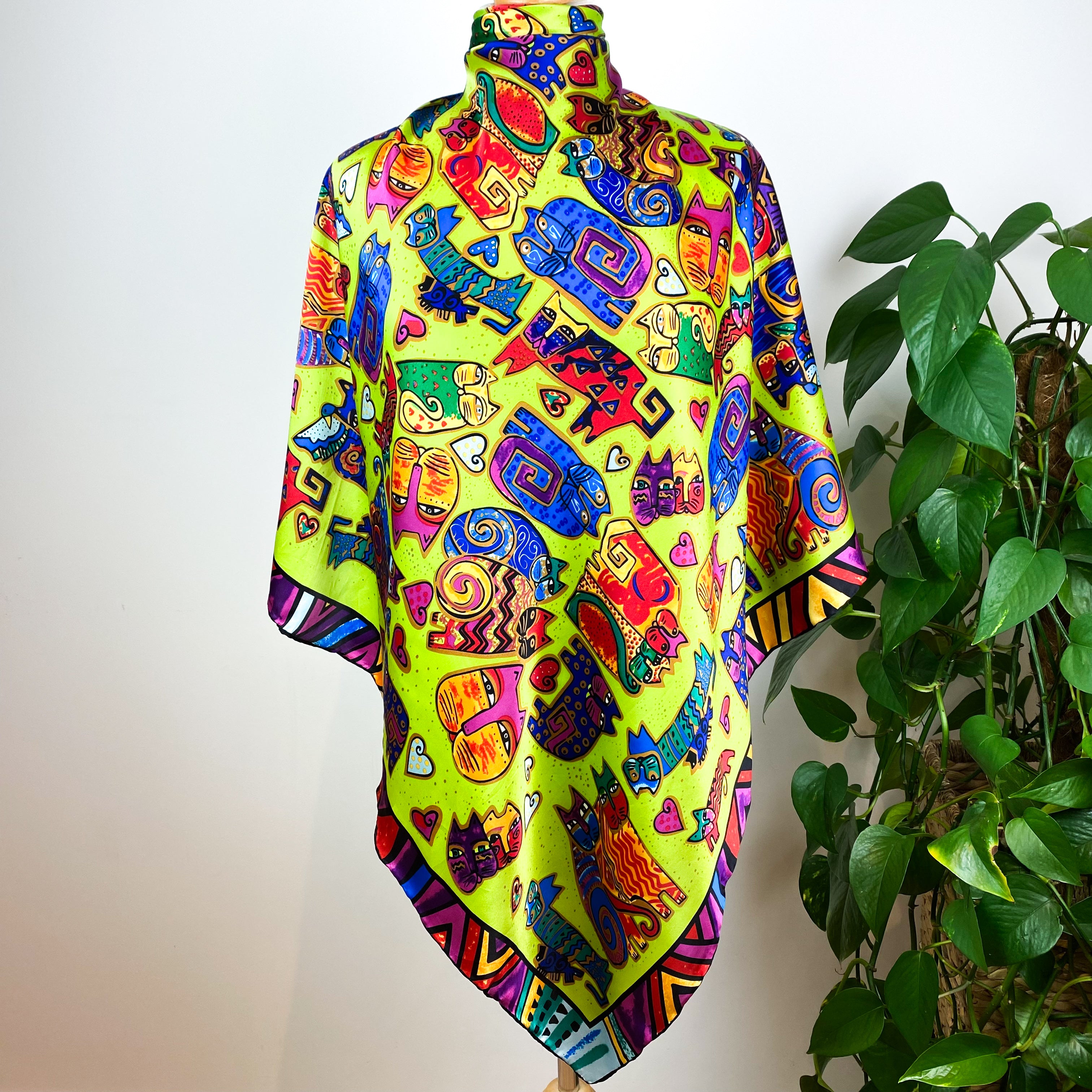 Large Colourful Cat Design Silk Scarf