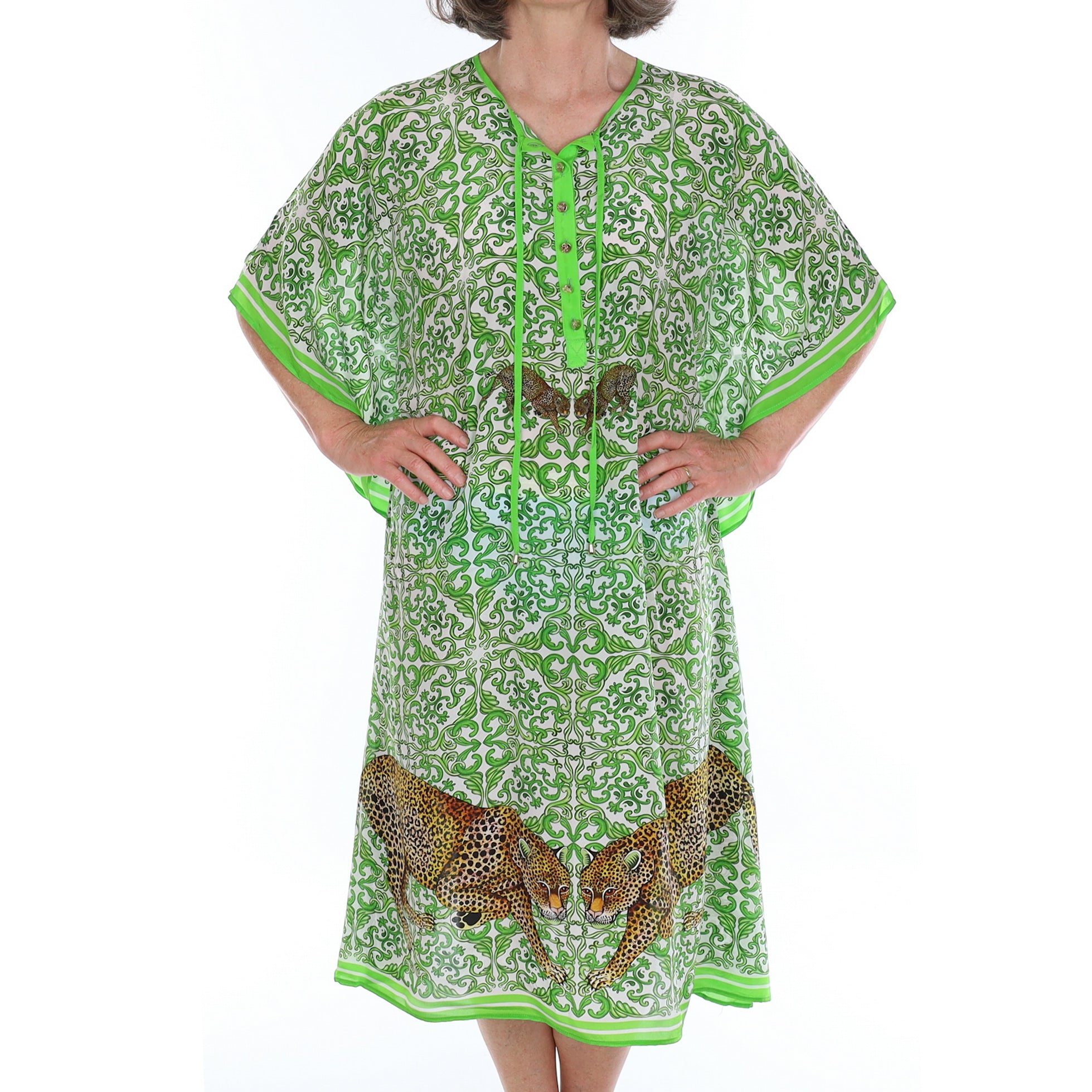 Brand New Bellezza Lime Green Leopard Safari Silk Kaftan Long DISPATCHED W/C 8th SEPTEMBER
