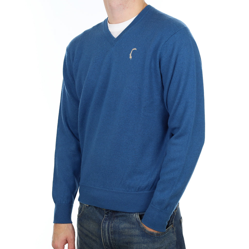 Men’s Ocean Blue Cashmere V Neck Jumper Large