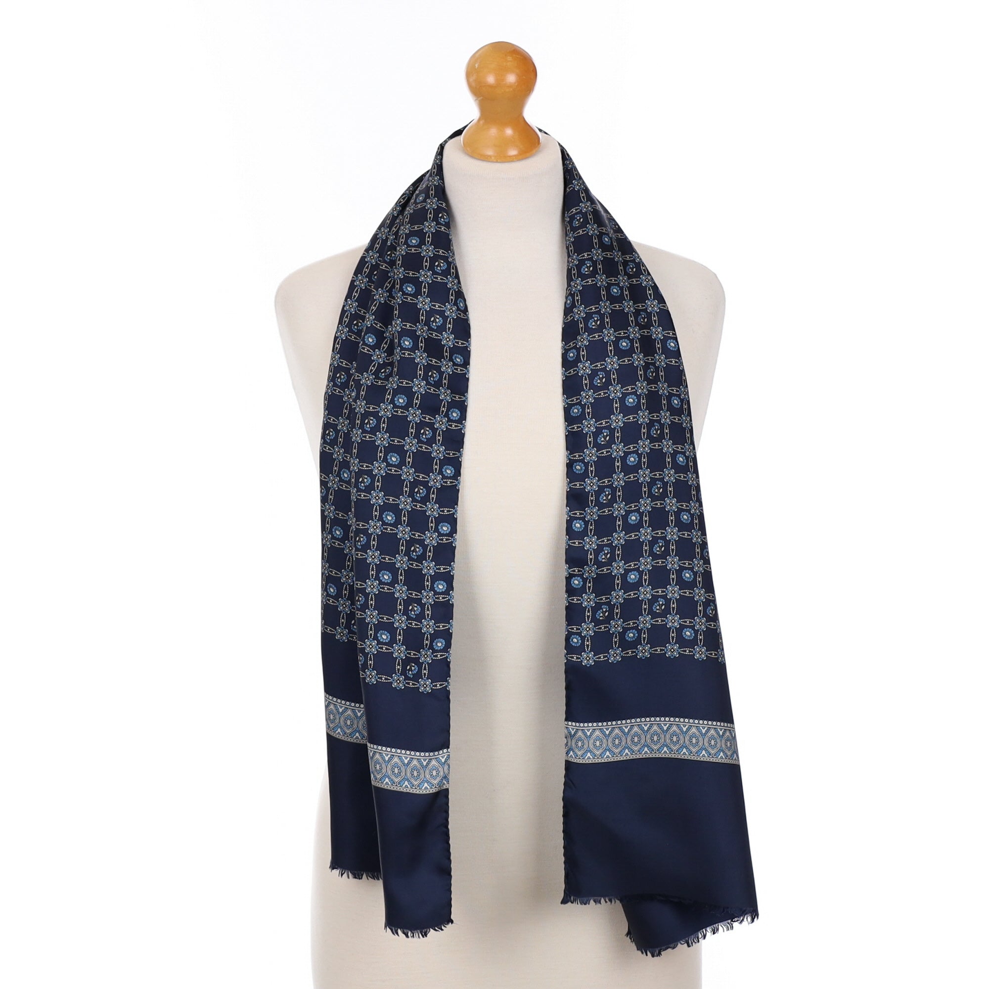 Navy Fringed Vintage Silk Scarf