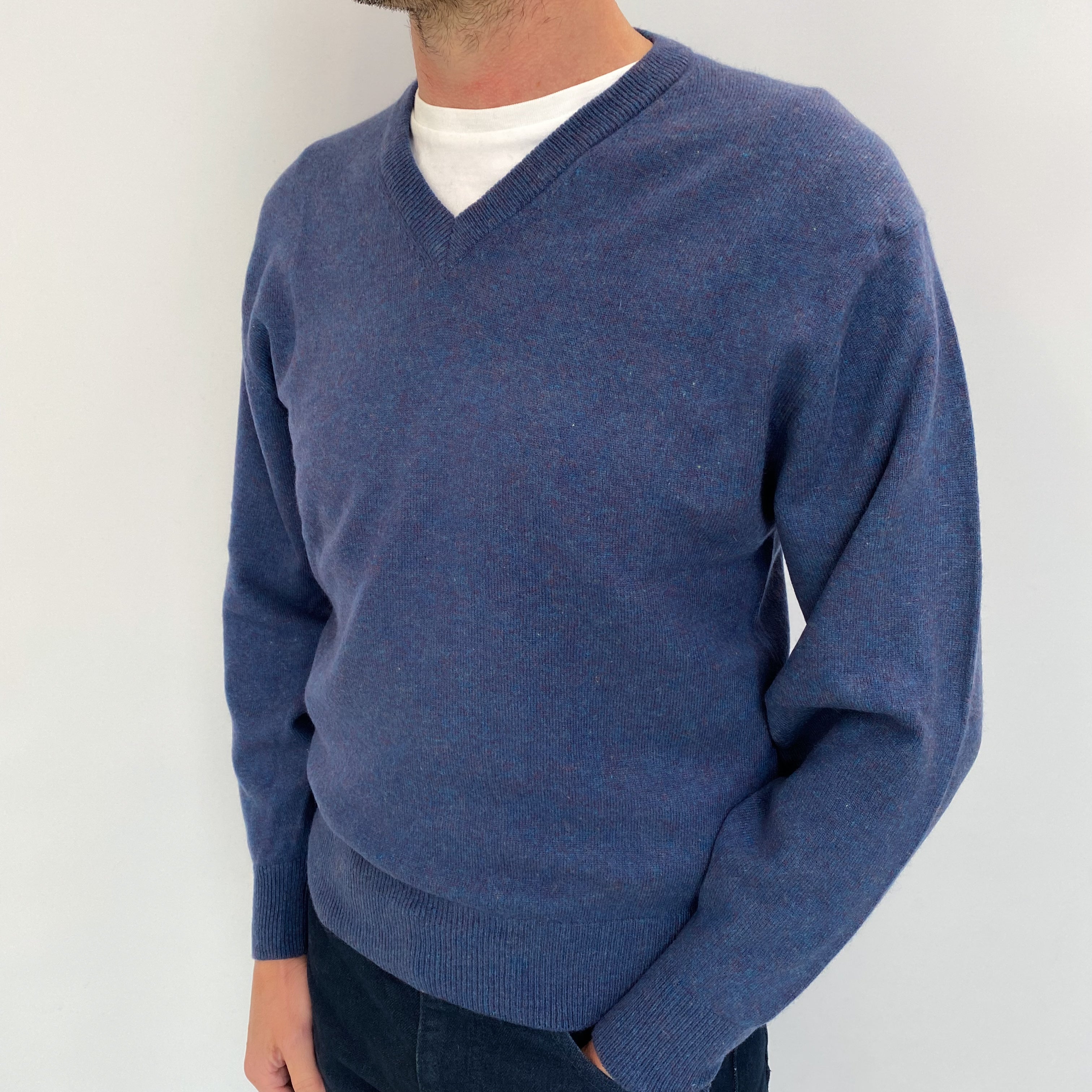 Men's Deep Blue Marl Cashmere V Neck Jumper Small