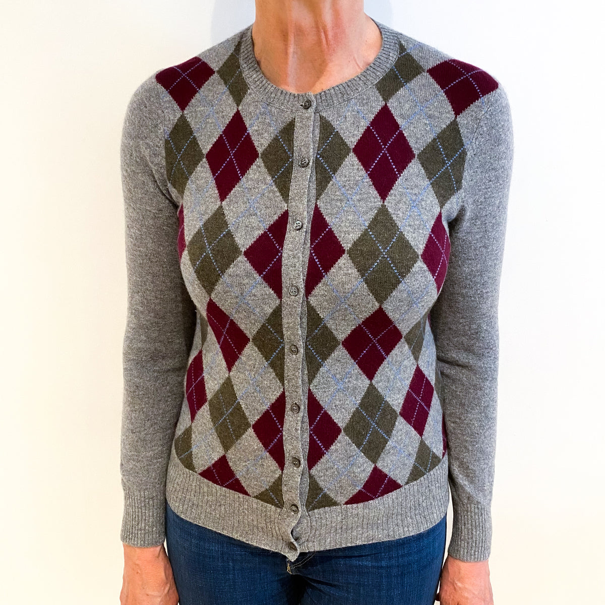 Smoke Grey Argyle Cashmere Crew Neck Cardigan Medium