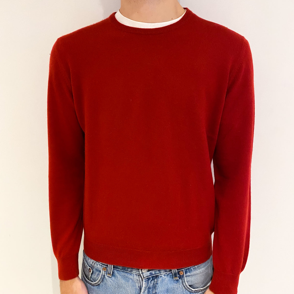 Men's Red Cashmere Crew Neck Jumper Large