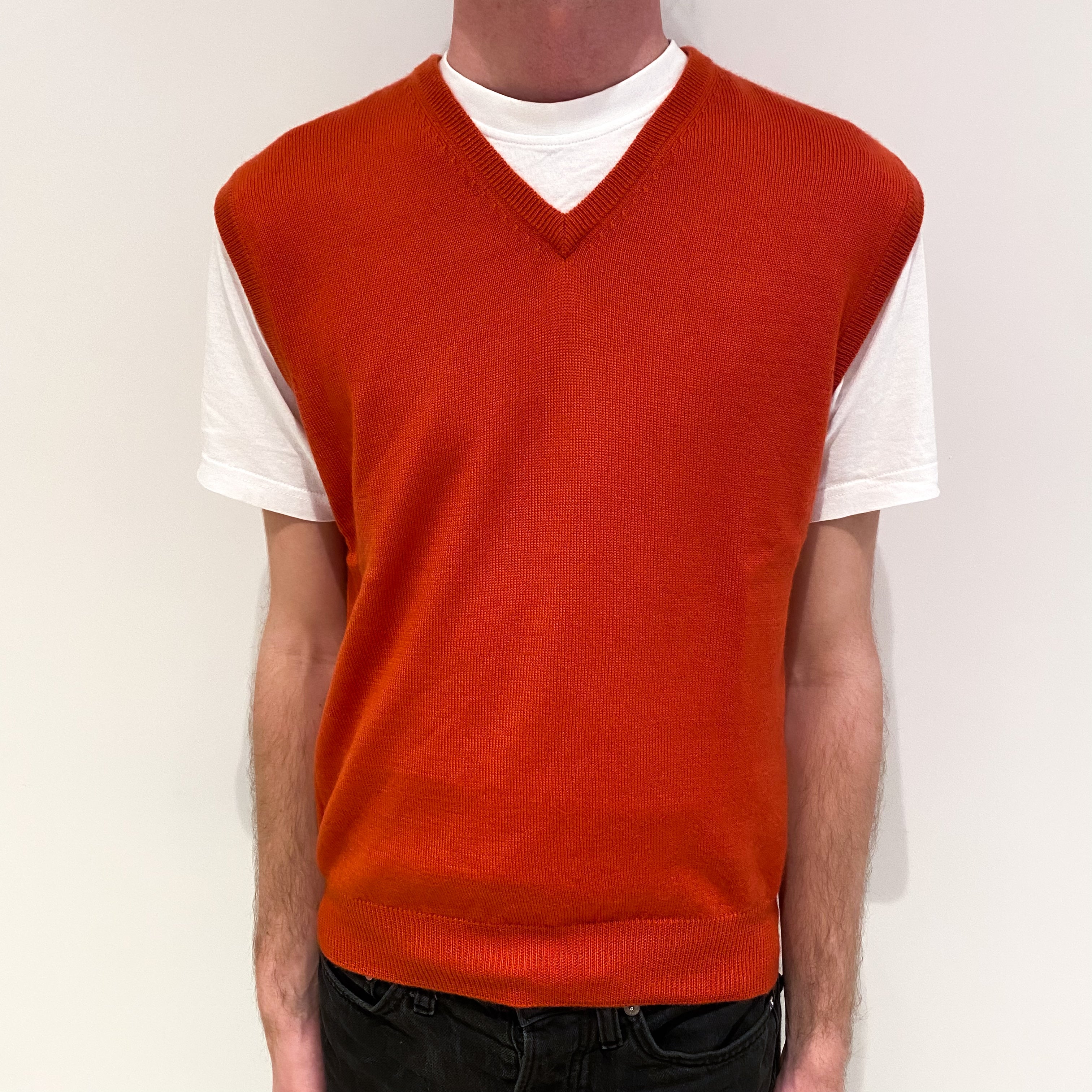 Men's Vermilion Orange Cashmere V-Neck Tank Top Small