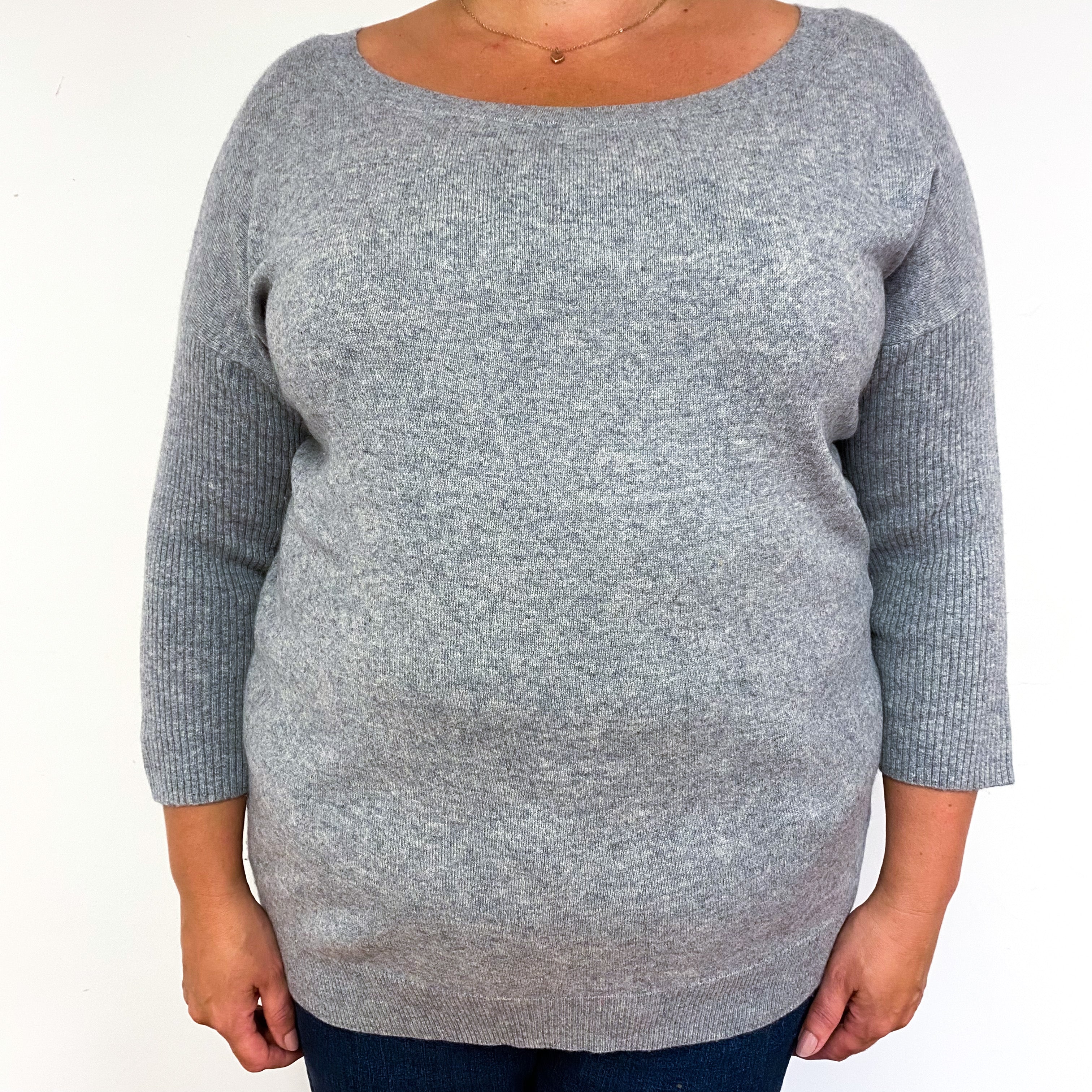 Grey 3/4 Sleeve Cashmere Boat Neck Jumper Extra Large