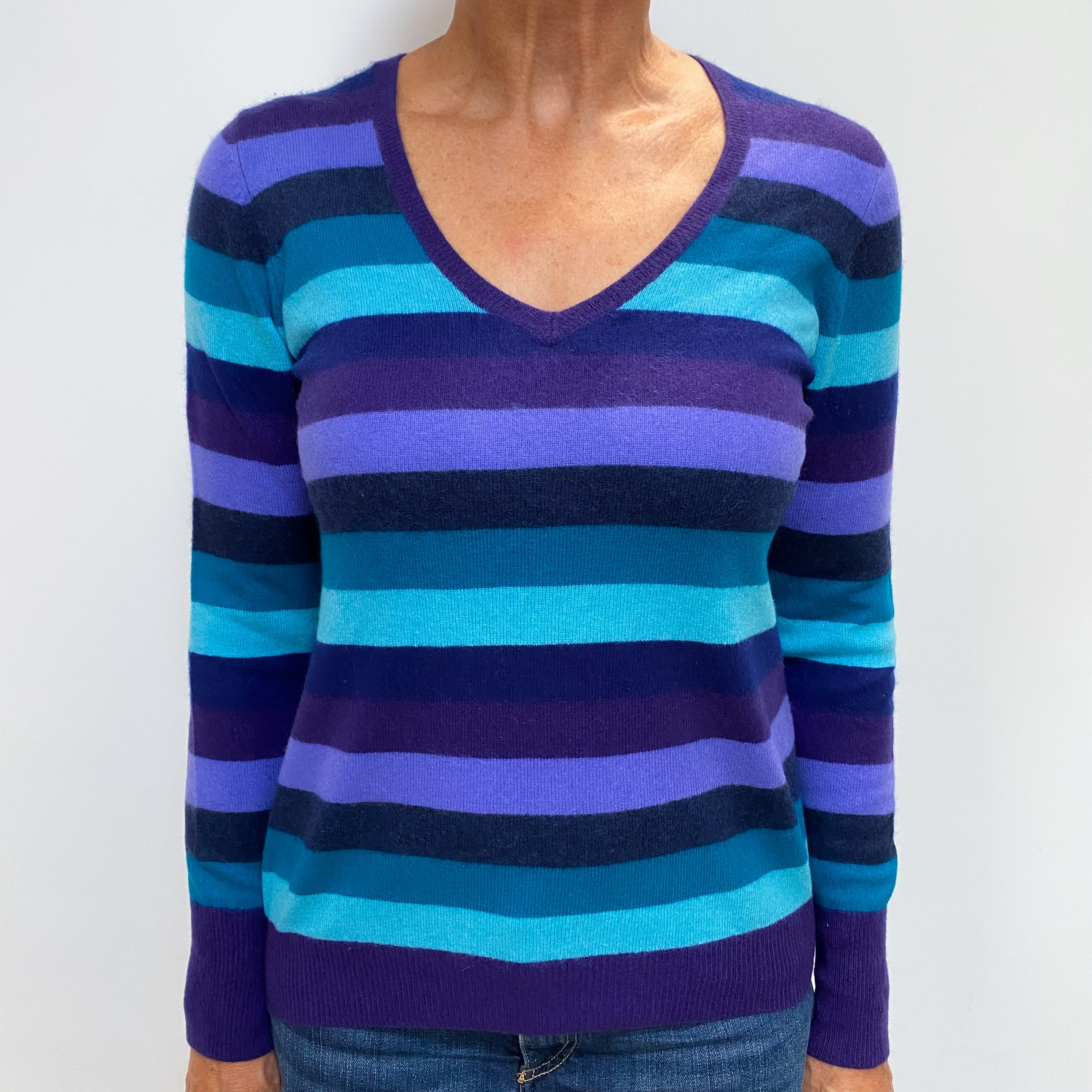 Iris Purple Striped Cashmere V Neck Jumper Medium