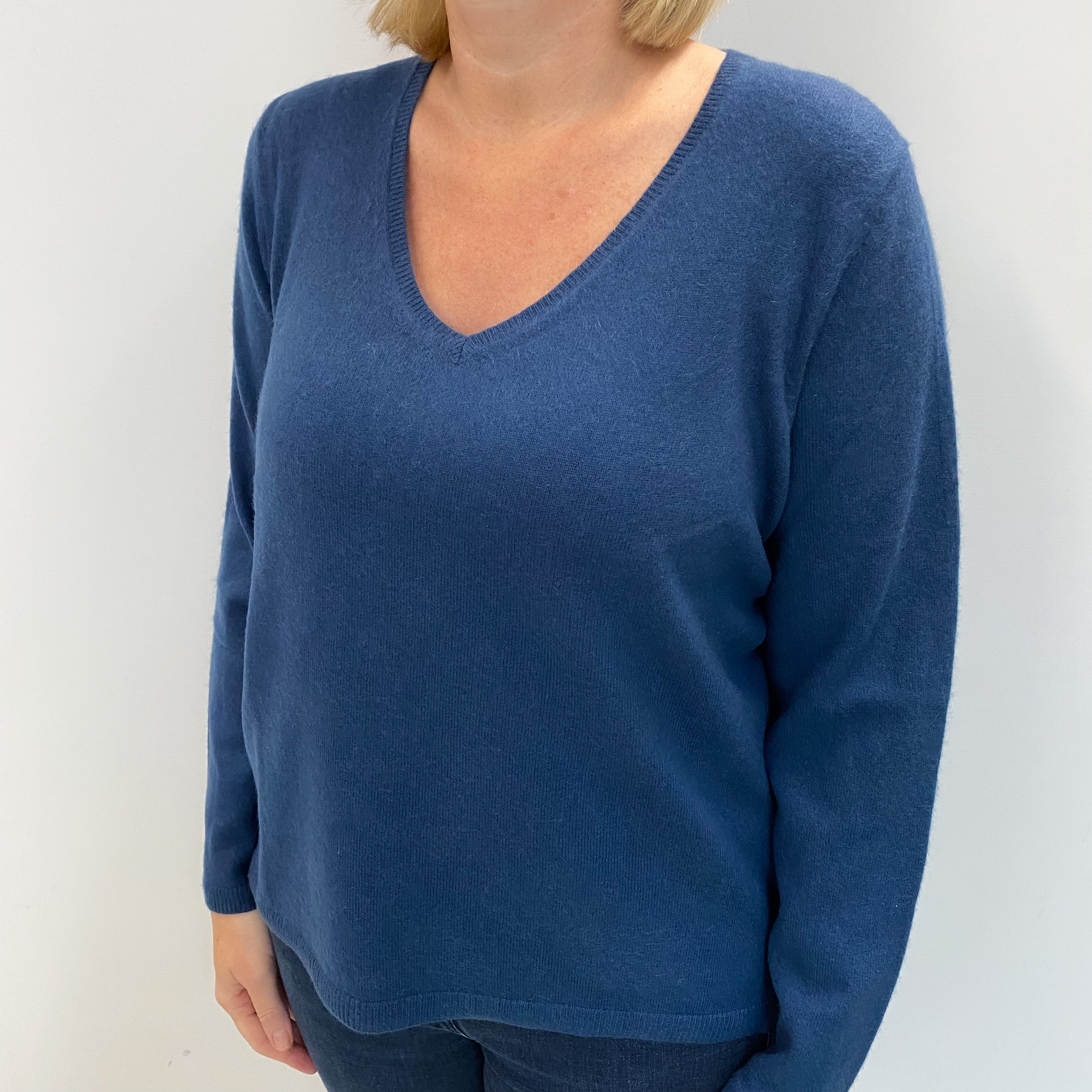 Deep Ocean Blue Cashmere V Neck Jumper Large