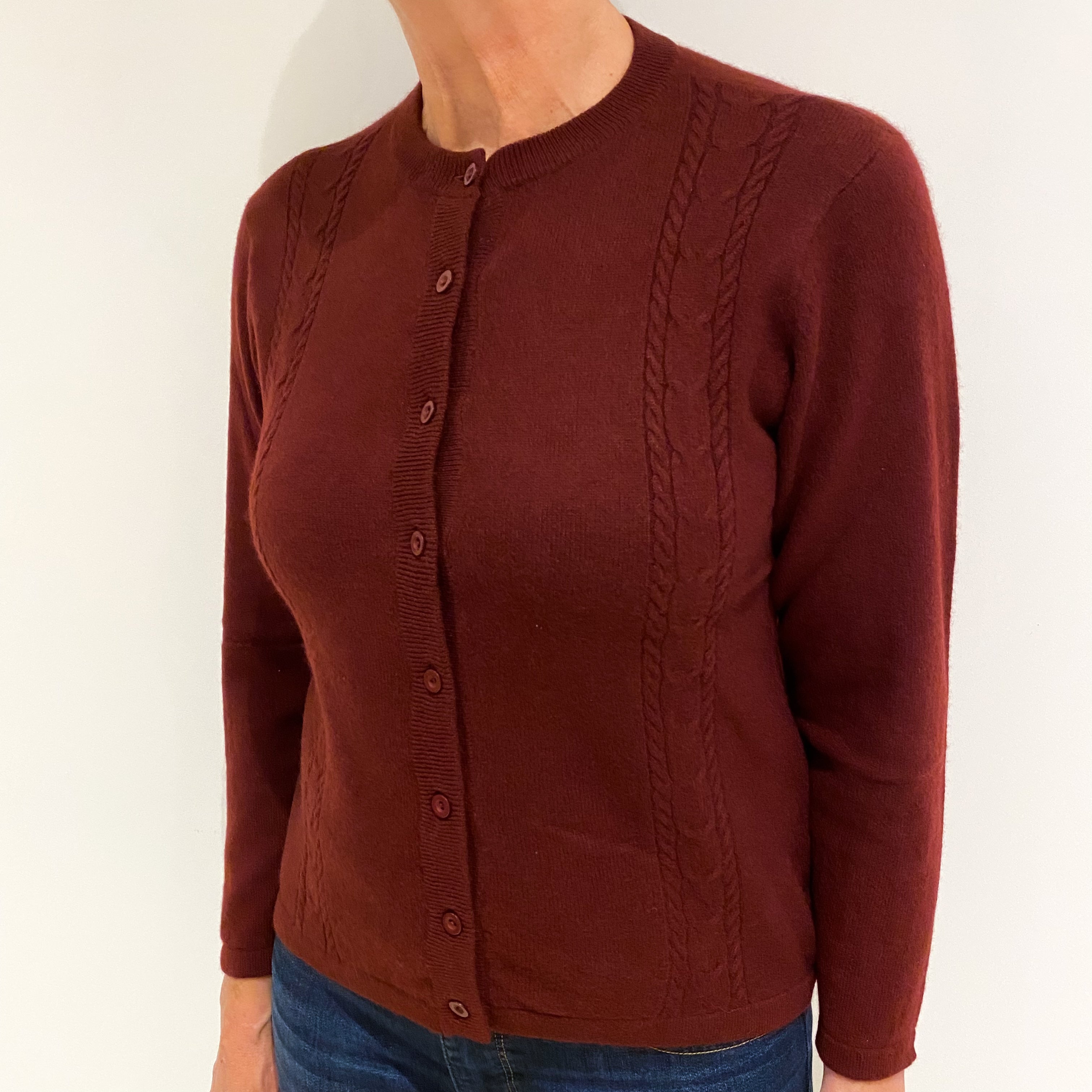 Burgundy Red Cashmere Crew Neck Cardigan Medium