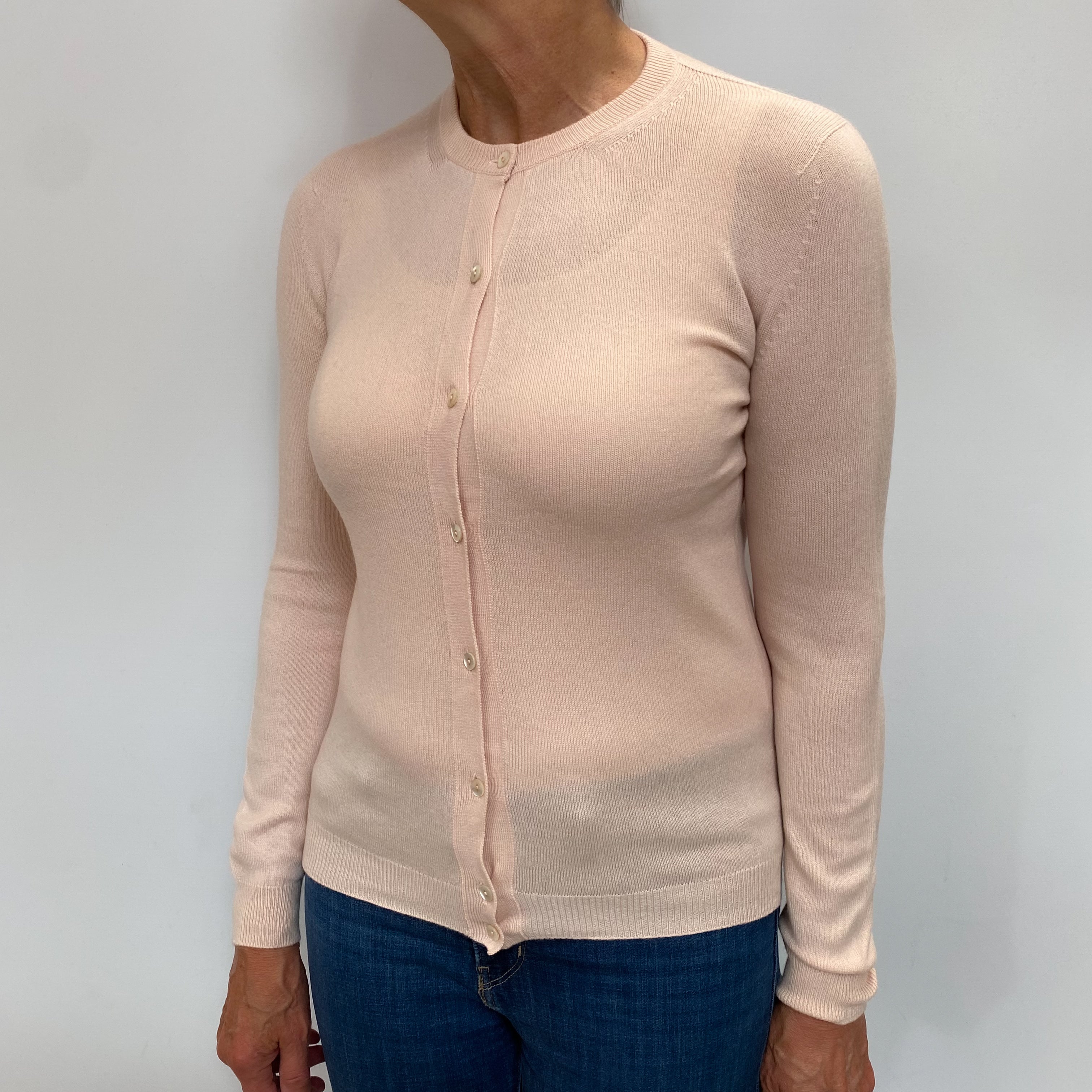 Johnstons Shell Pink Cashmere Crew Neck Cardigan Medium