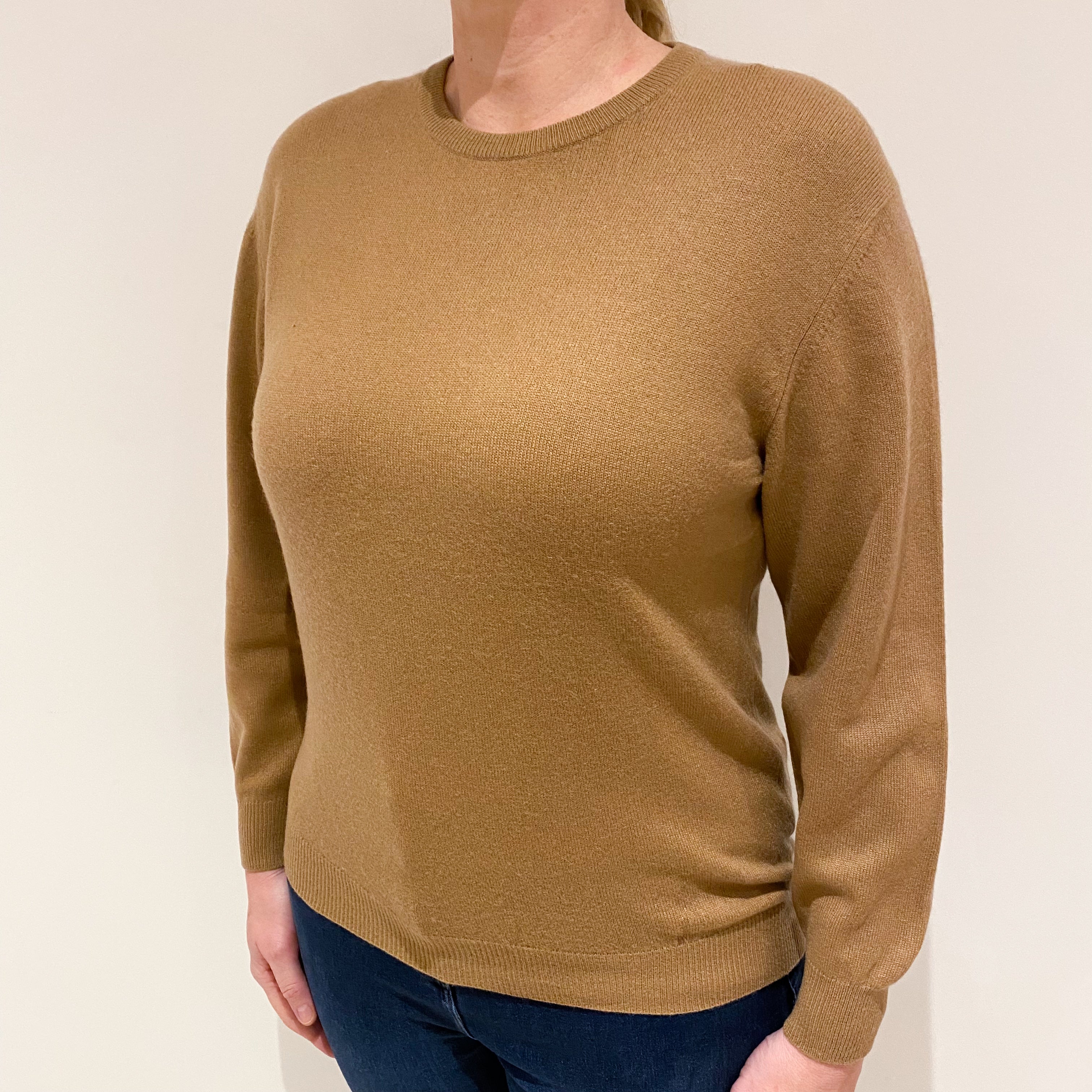 Camel Brown Cashmere Crew Neck Jumper Large