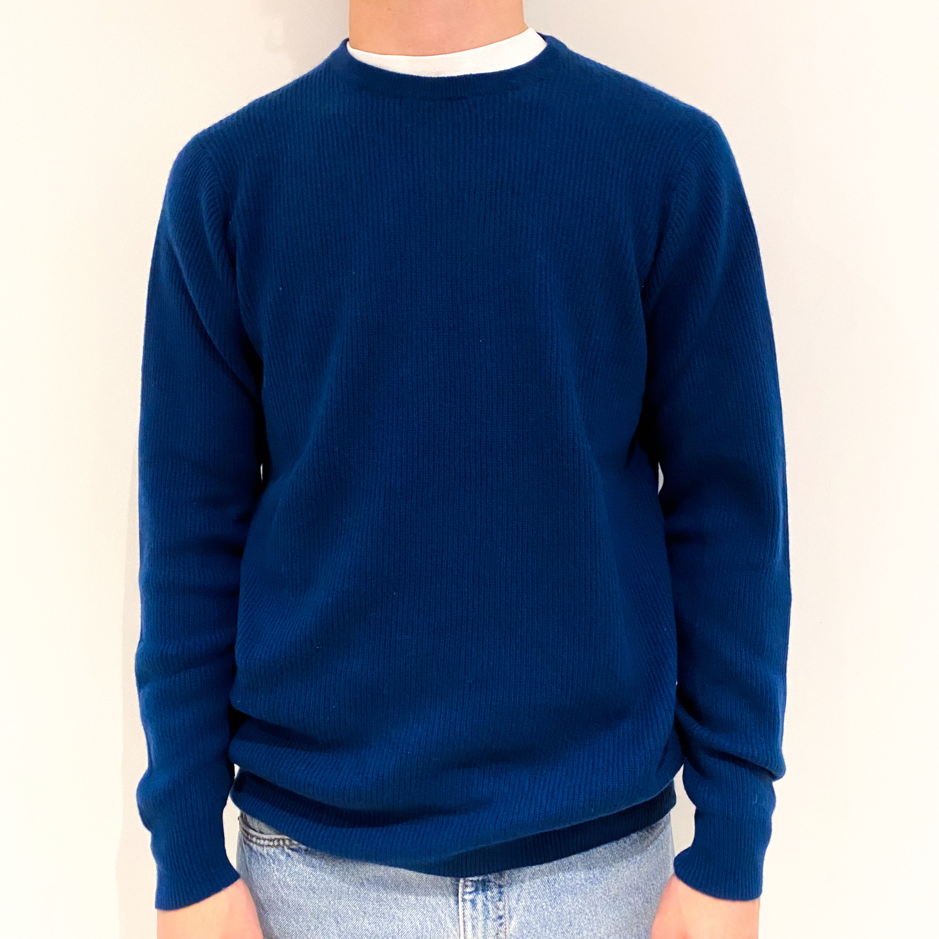 Men's Peacock Blue Rib Cashmere Crew Neck Jumper Medium