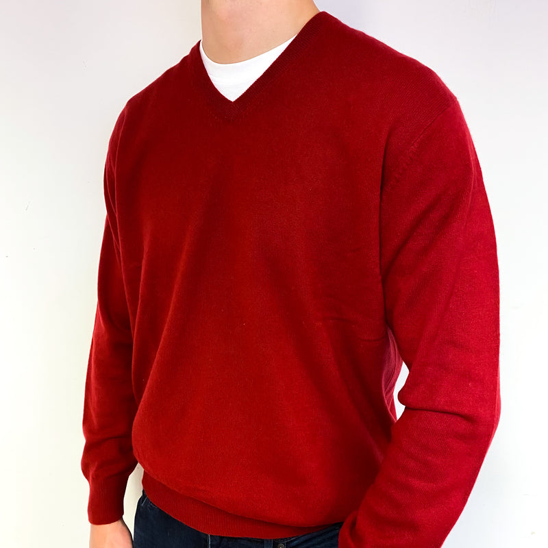 Men's Crimson Red Cashmere V-Neck Jumper Extra Large