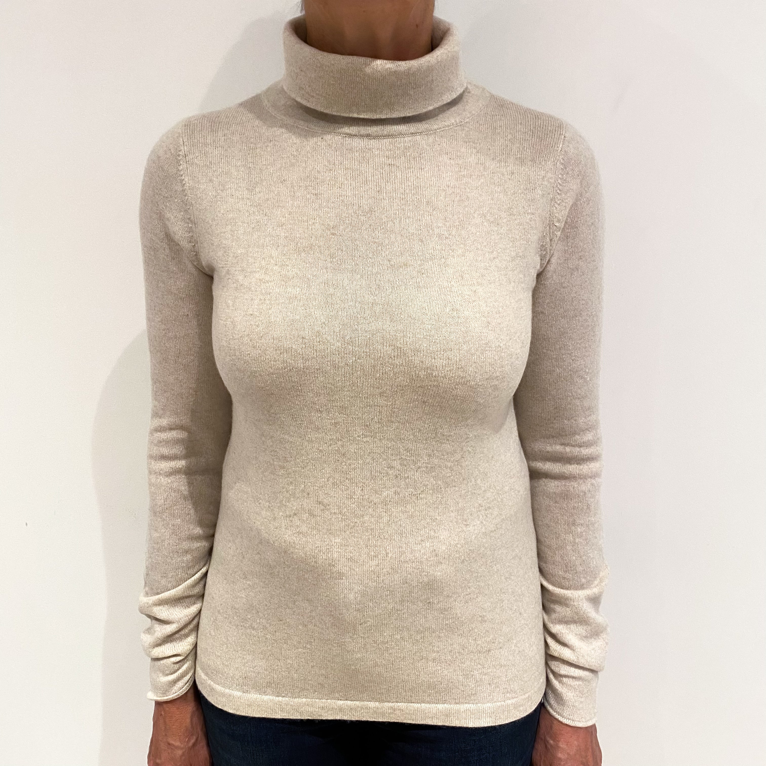 Oatmeal Cashmere Funnel Neck Ruched Sleeve Jumper Medium
