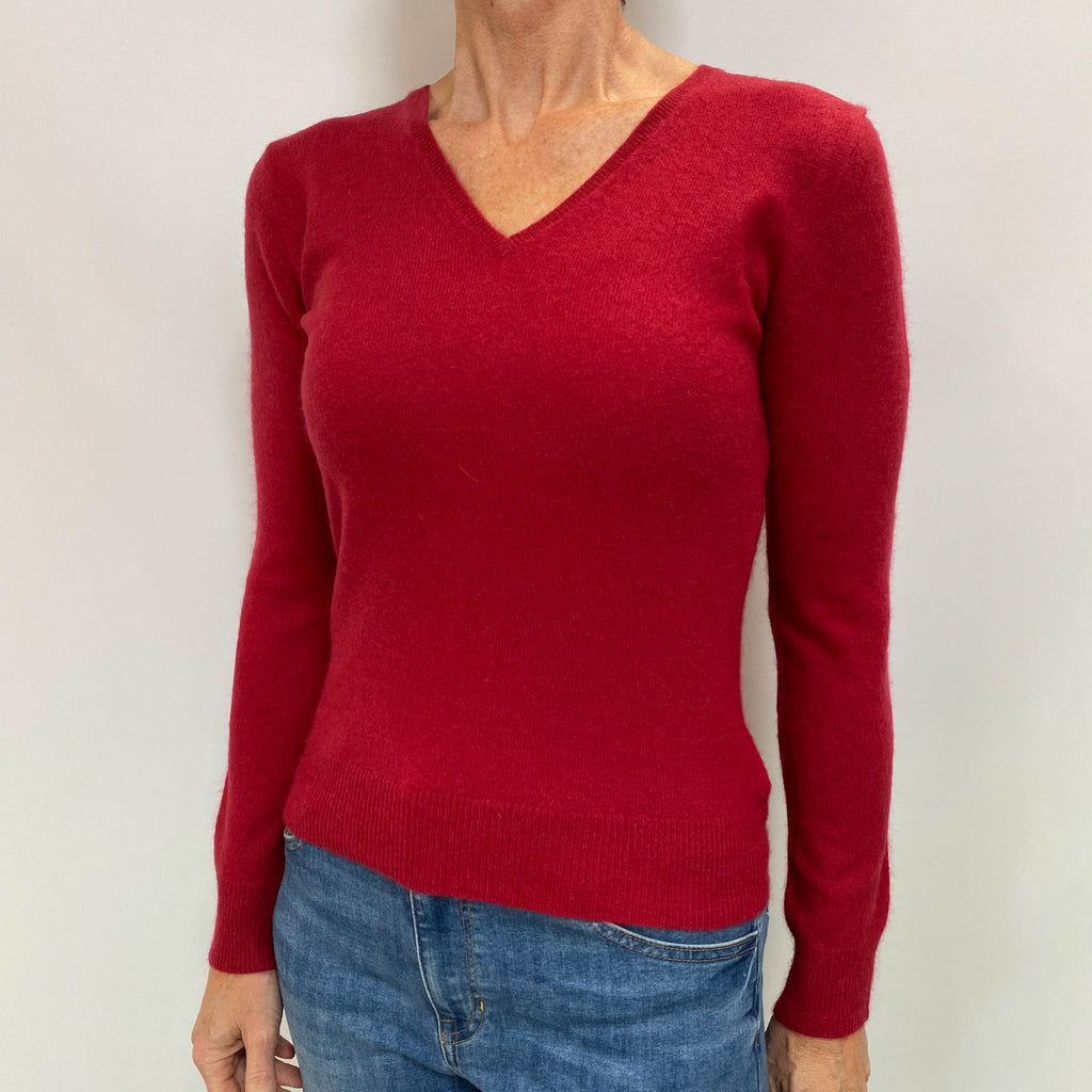 Crimson Red Cashmere V Neck Jumper Small