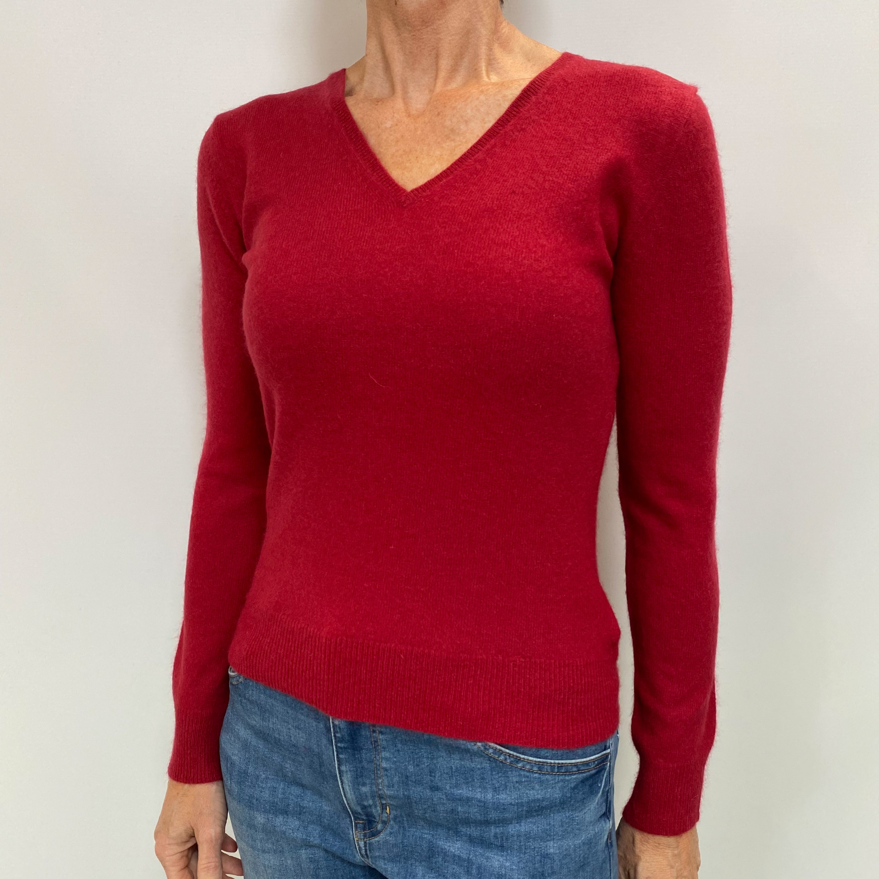 Crimson Red Cashmere V Neck Jumper Small