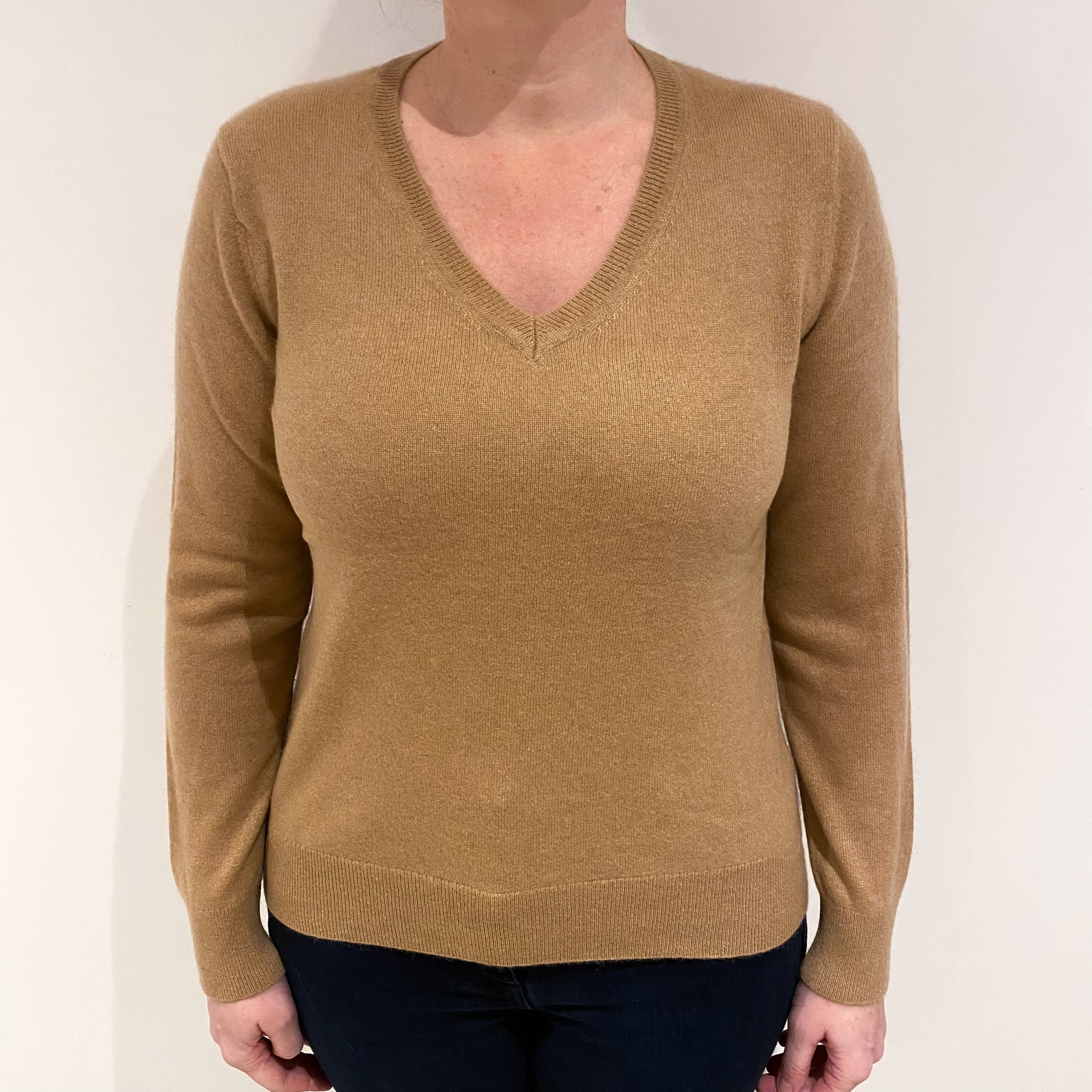 Camel Brown Cashmere V Neck Jumper Large