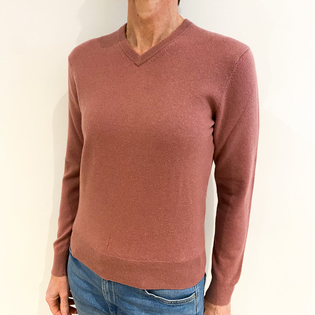 Dusky Pink Cashmere V Neck Jumper Small