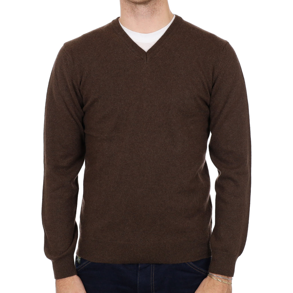 Men's Italian Peppercorn Brown Cashmere V Neck Jumper Medium