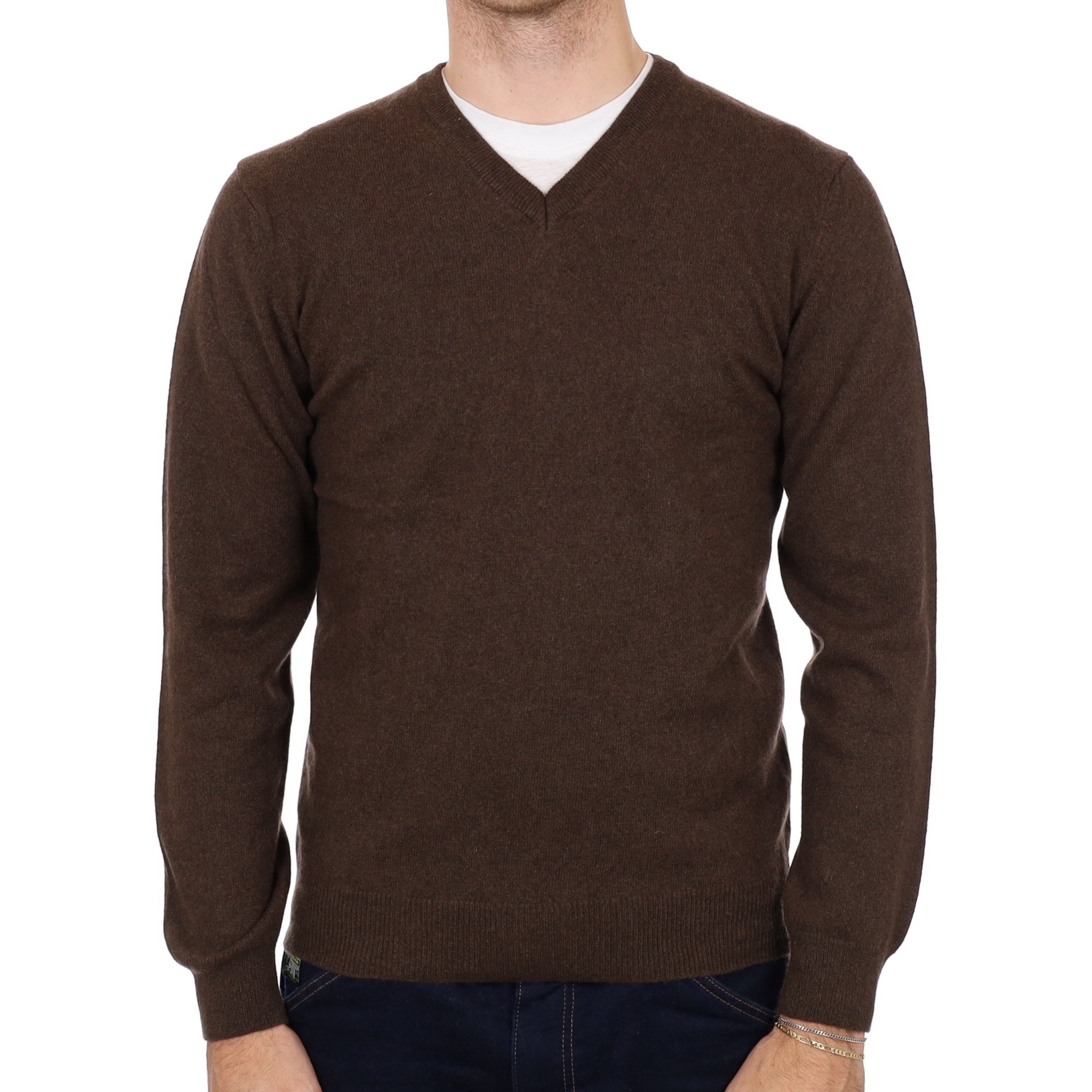 Men's Italian Peppercorn Brown Cashmere V Neck Jumper Medium