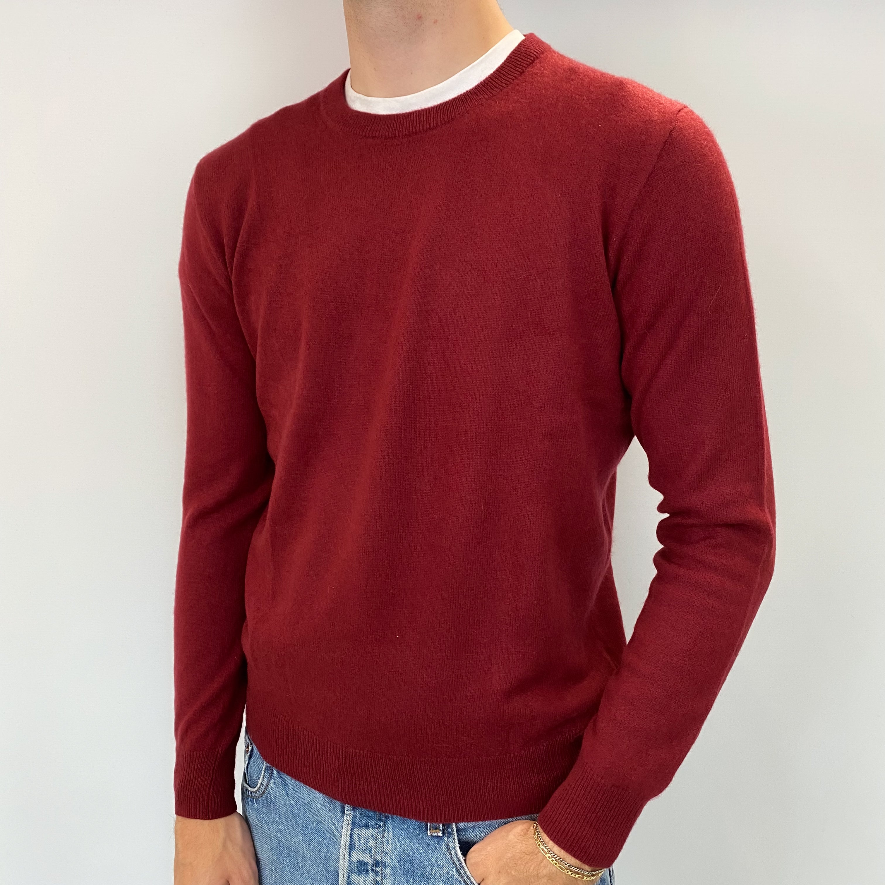 Men's Burgundy Crew Cashmere Crew Neck Jumper Medium
