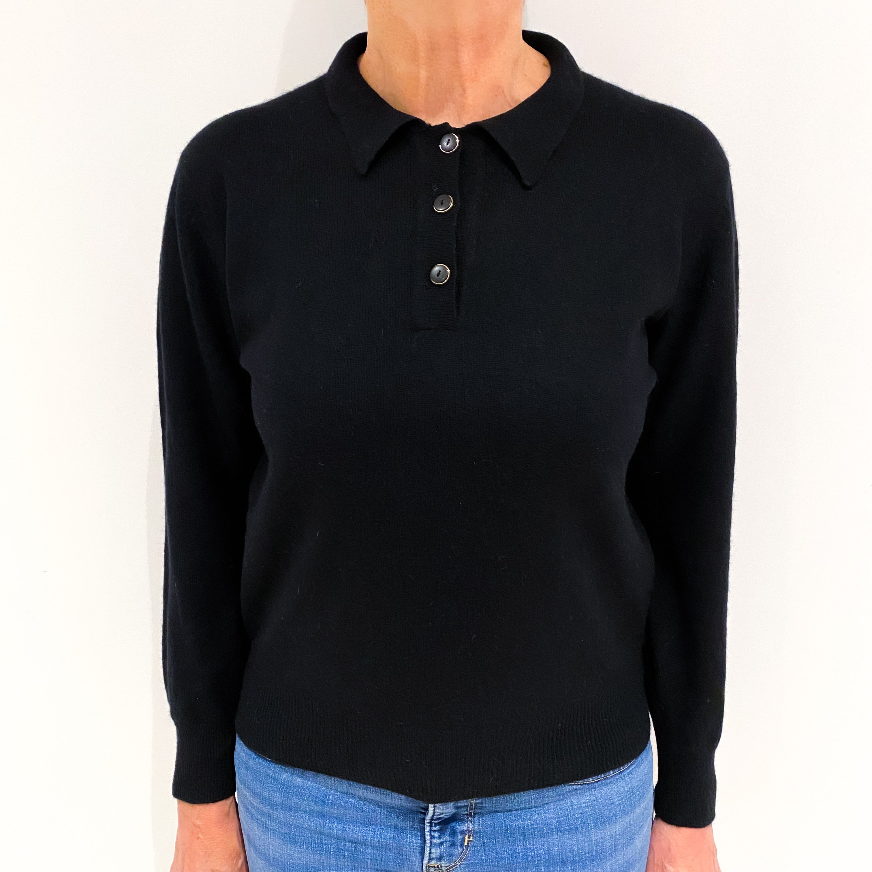 Black Cashmere Collared 1/4 Button Jumper Medium